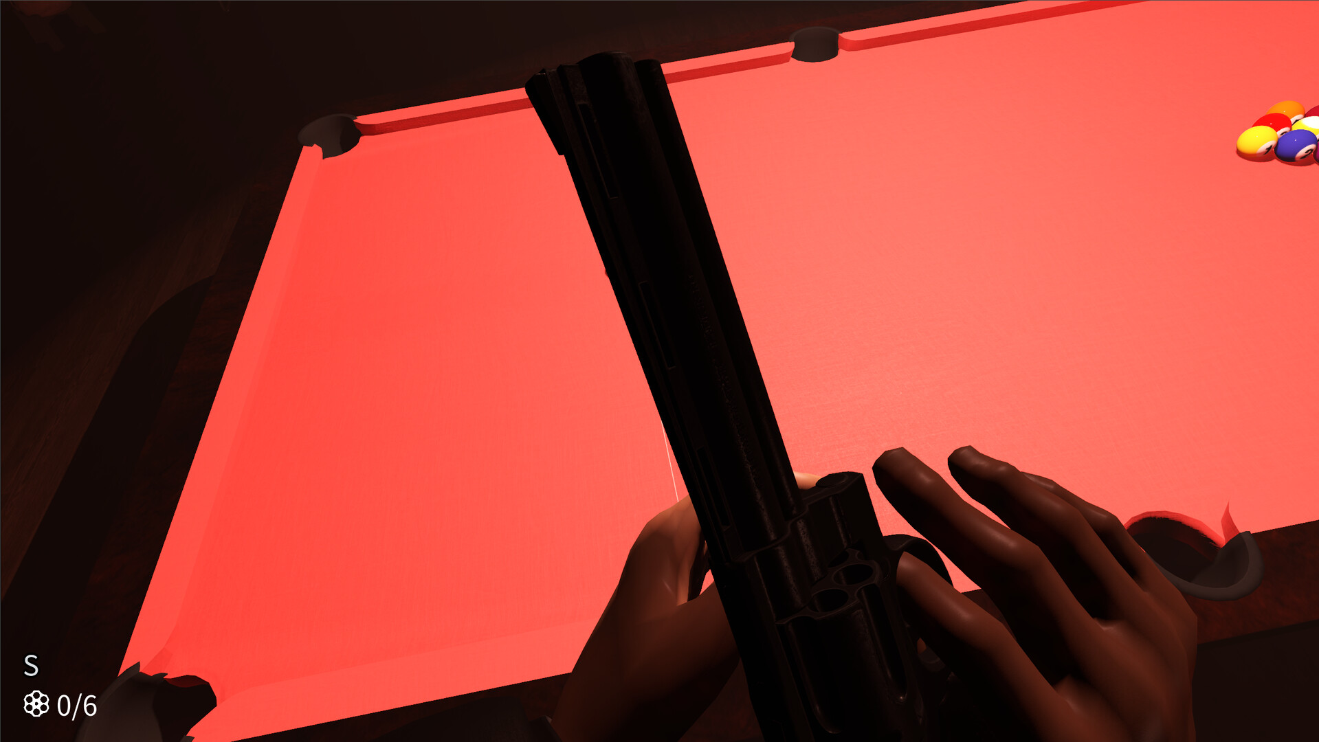 遊戲中的撞球桌視角，昏暗的燈光營造出壓抑的氛圍