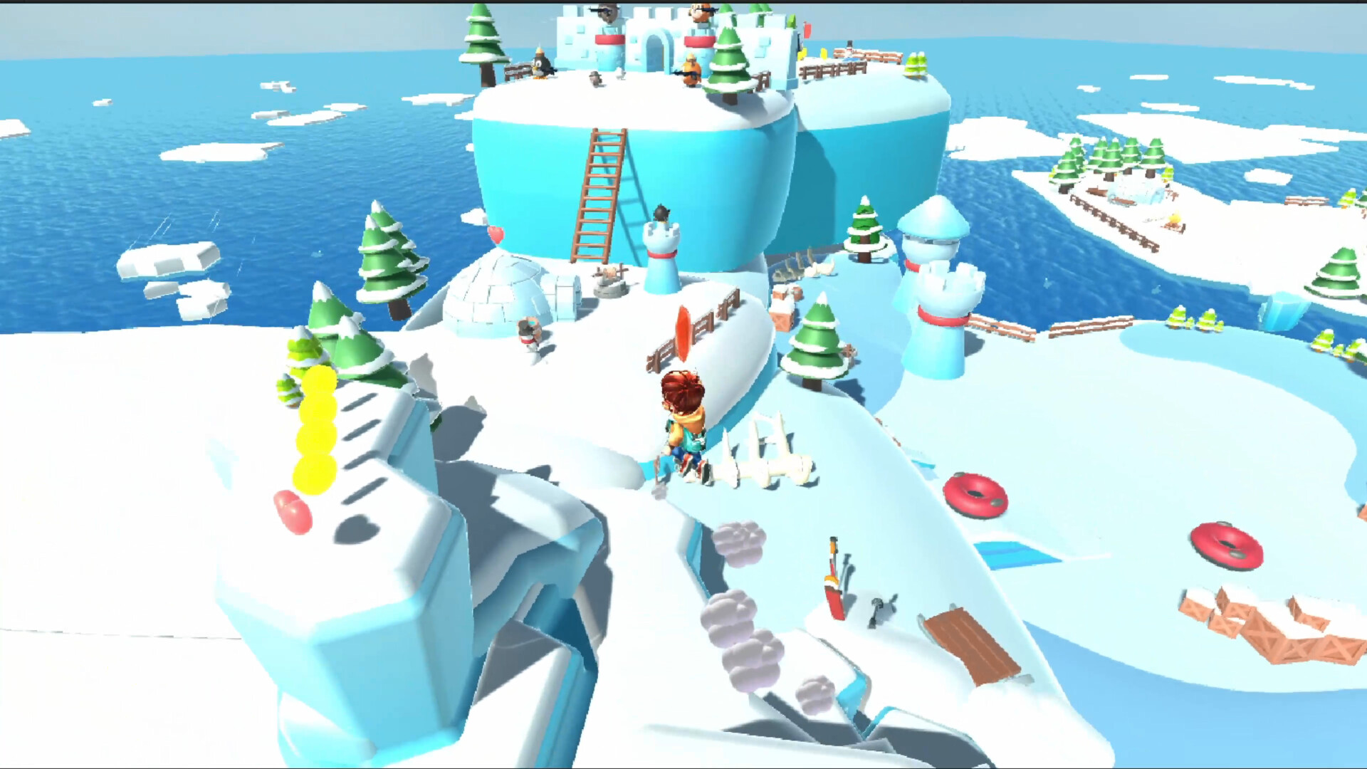 主角在複雜的平台結構上進行跳躍。