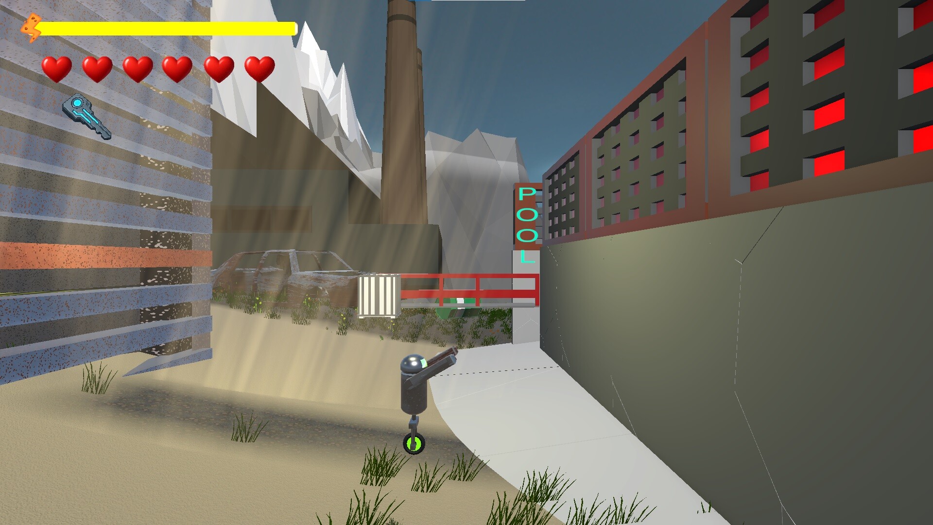 機器人主角利用發光的投射物進行解謎，背景是幽暗神祕的地下設施。