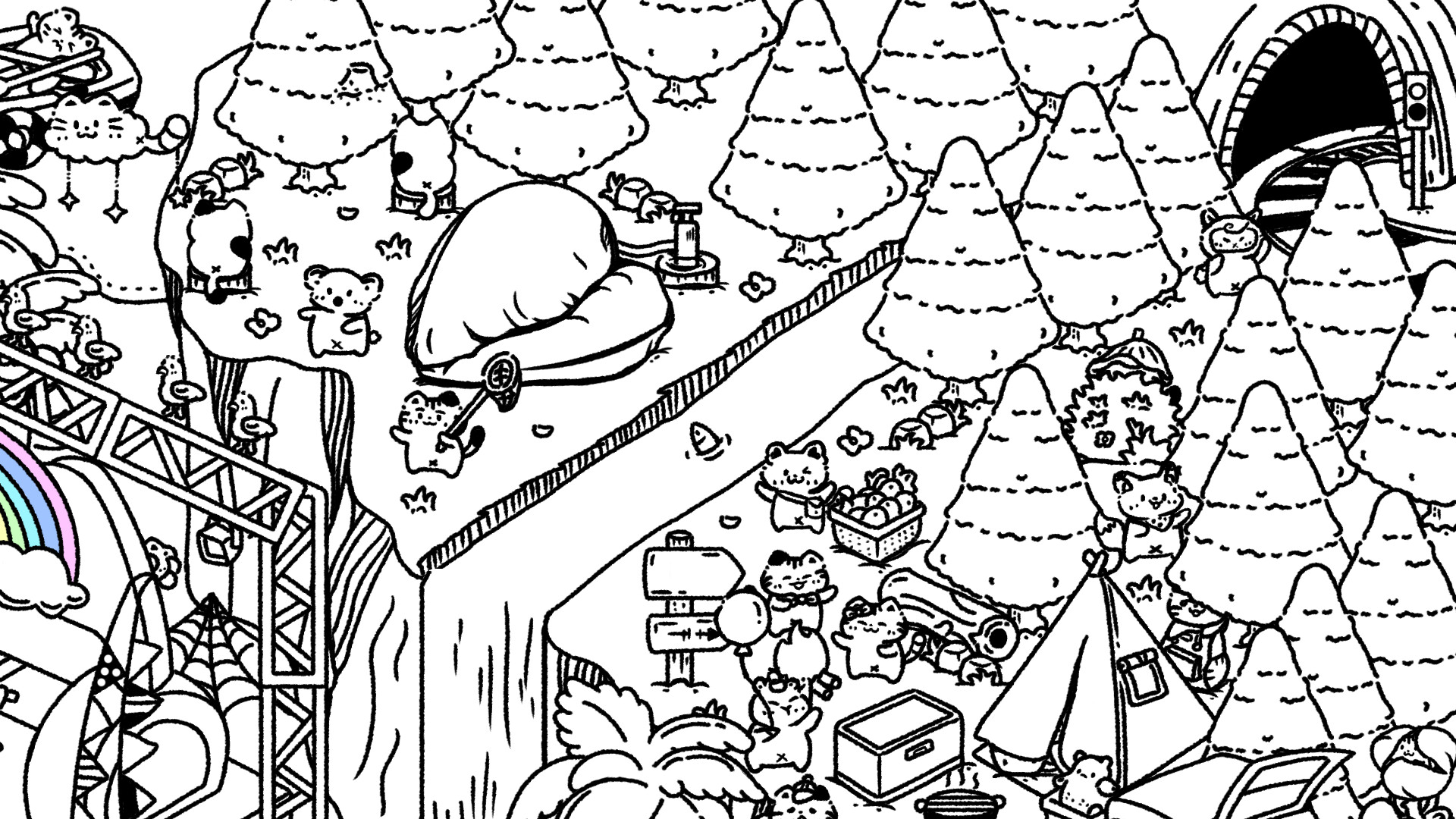 遊戲中的一個戶外場景，貓咪們巧妙地融入了自然環境。