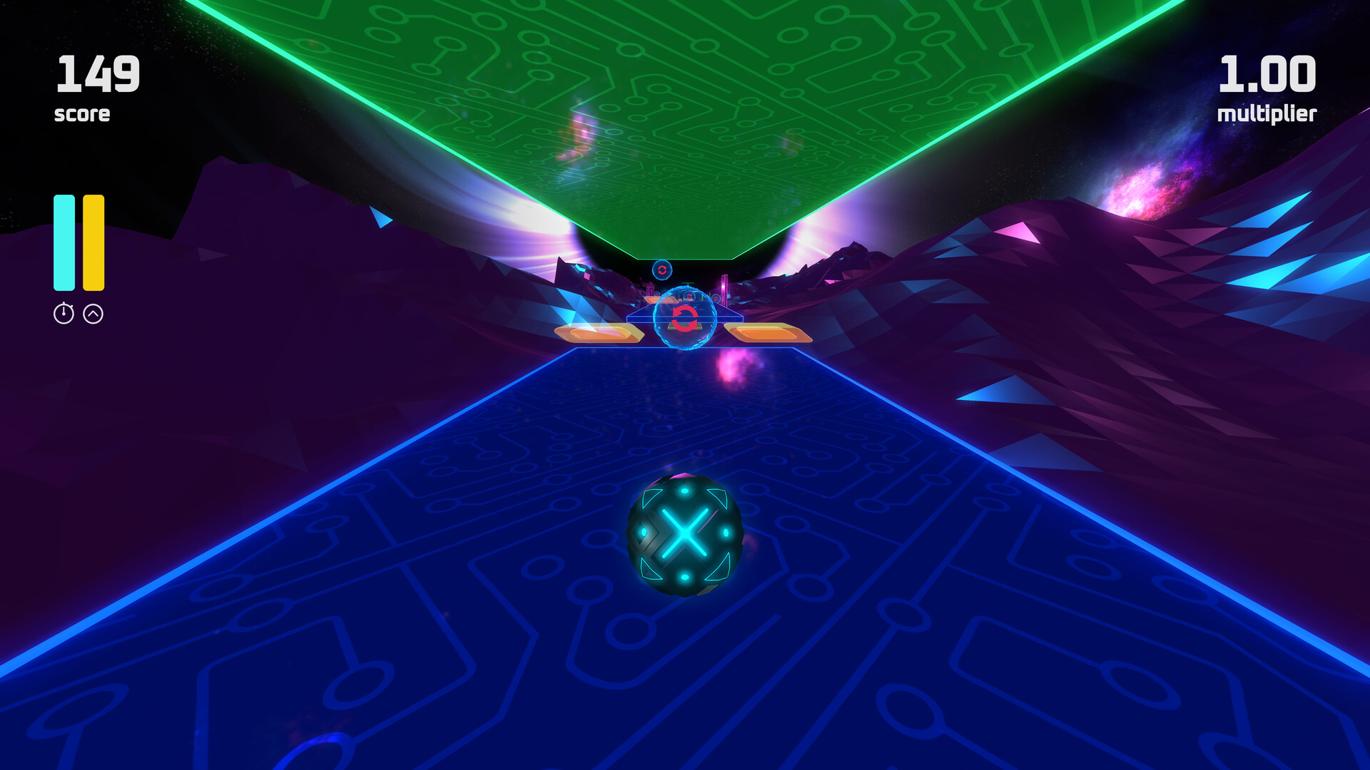 遊戲畫面展示了充滿科技感的霓虹跑道與微觀粒子的衝刺瞬間