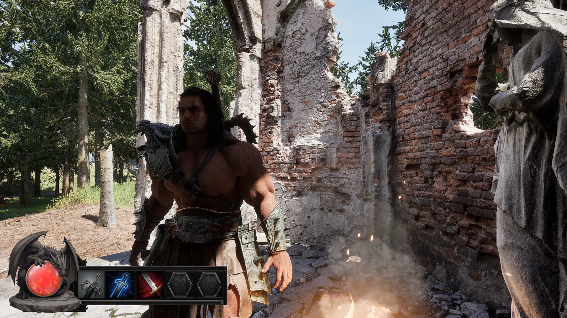 角色施展魔法的特寫,藍色的魔法光輝照亮了周圍的黑暗。