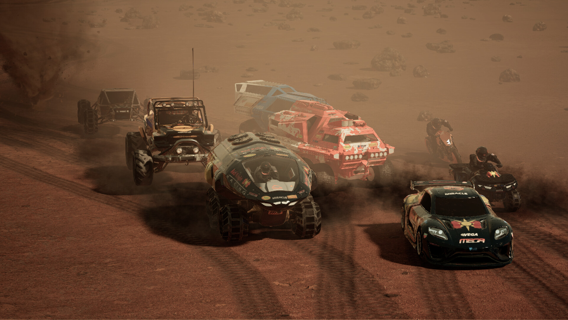 一輛造型獨特的越野車在火山星球上飛躍，背景是噴發的火山。