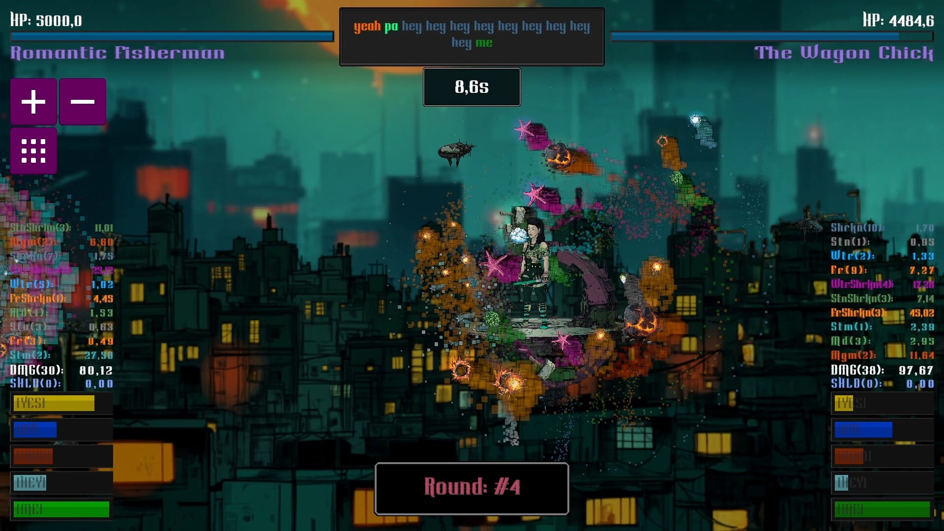 Mad Bang Bang 遊戲截圖，展示了像素風格的戰鬥畫面與華麗的魔法特效