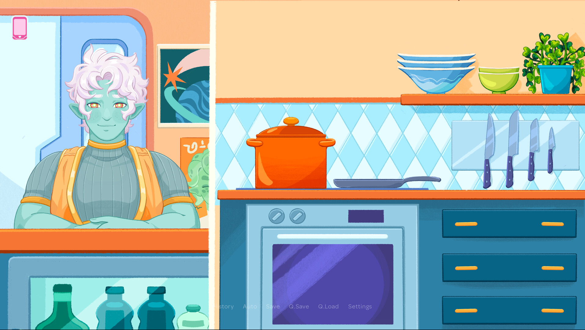 遊戲實際遊玩畫面，展示了對話介面與精緻的背景美術