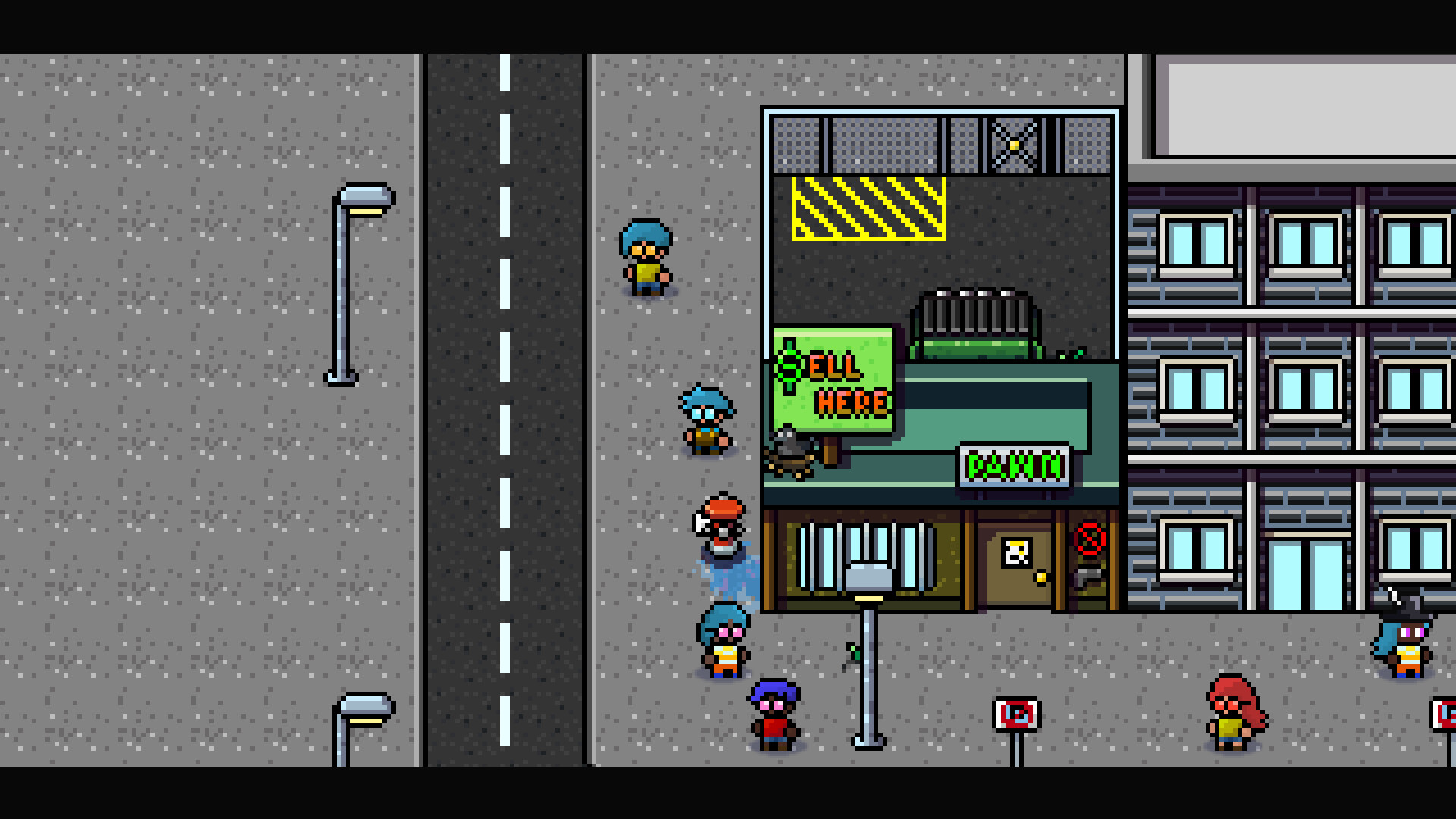 遊戲夜間模式截圖,店內燈火通明與街道的對比