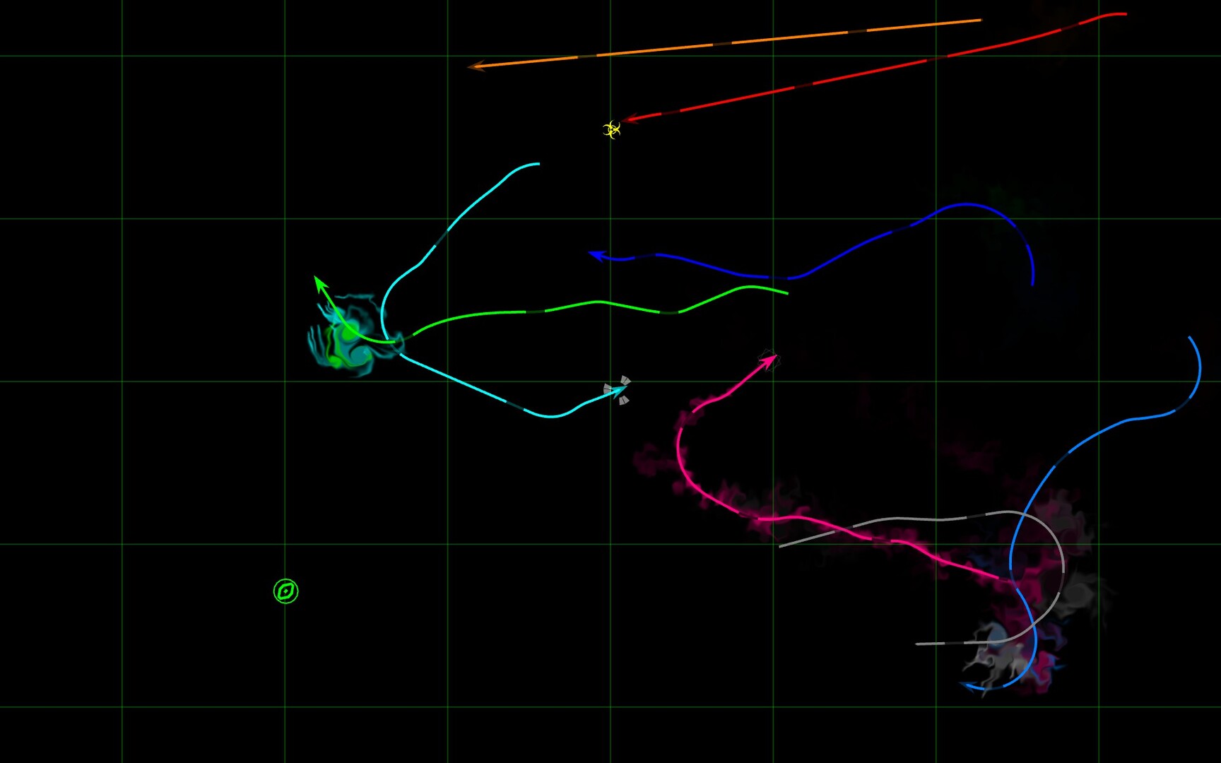 深色背景下,多個玩家的光軌即將發生碰撞,氣氛緊張