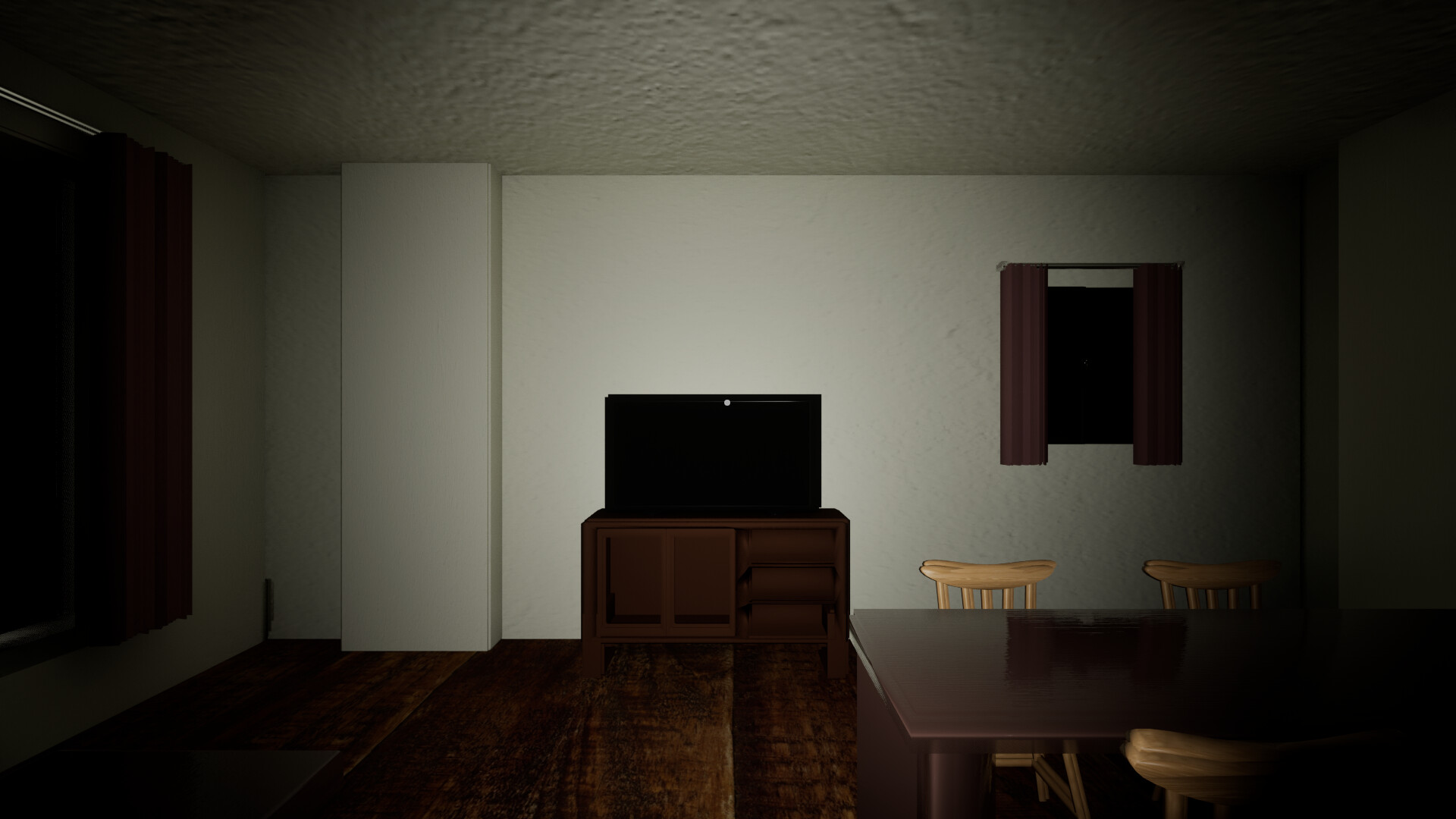 遊戲截圖：狹窄的走廊視角，前方光明的房間似乎隱藏著某人。