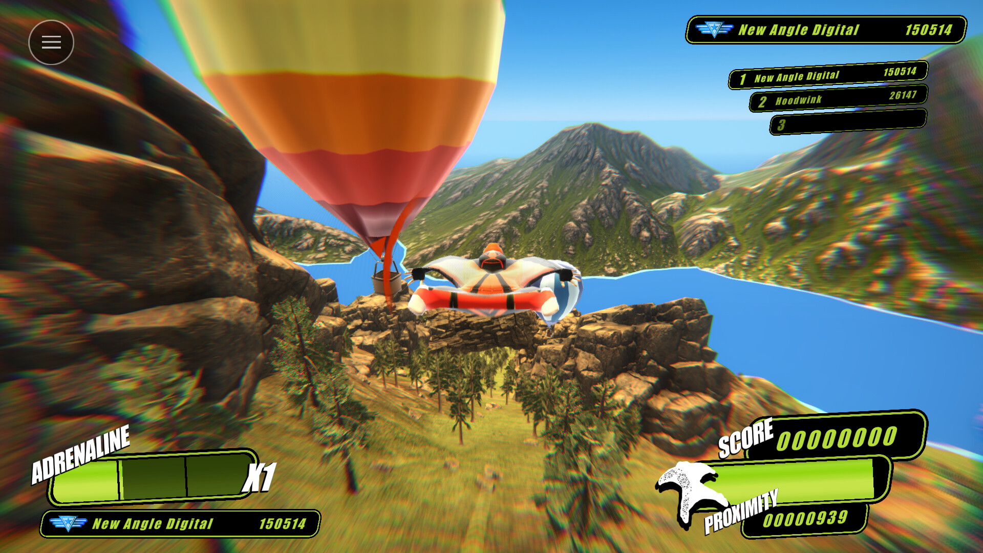 玩家在壯闊的山谷中進行極限飛鼠裝滑翔