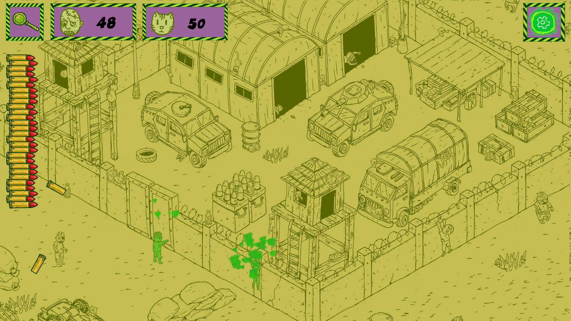 遊戲場景充滿了手繪風格的細節，玩家需要在其中尋找貓咪和殭屍。