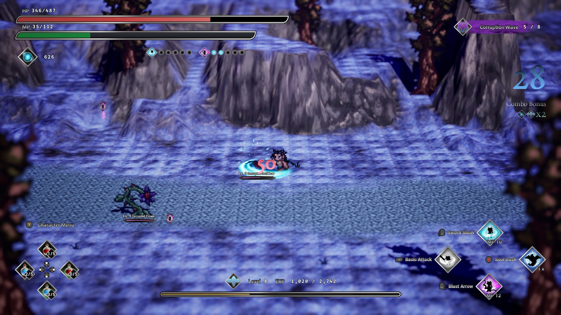 遊戲戰鬥畫面，展示了主角施放技能對抗多名敵人的場景