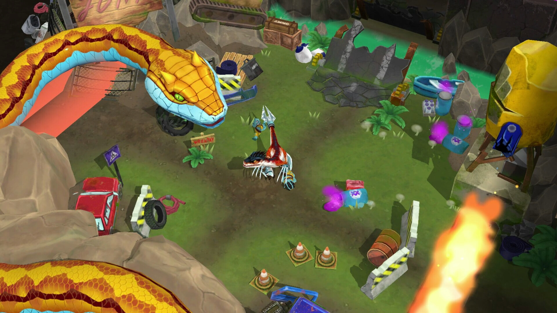 面對巨型機械 Boss 的戰鬥場景,展示了遊戲中的光影特效