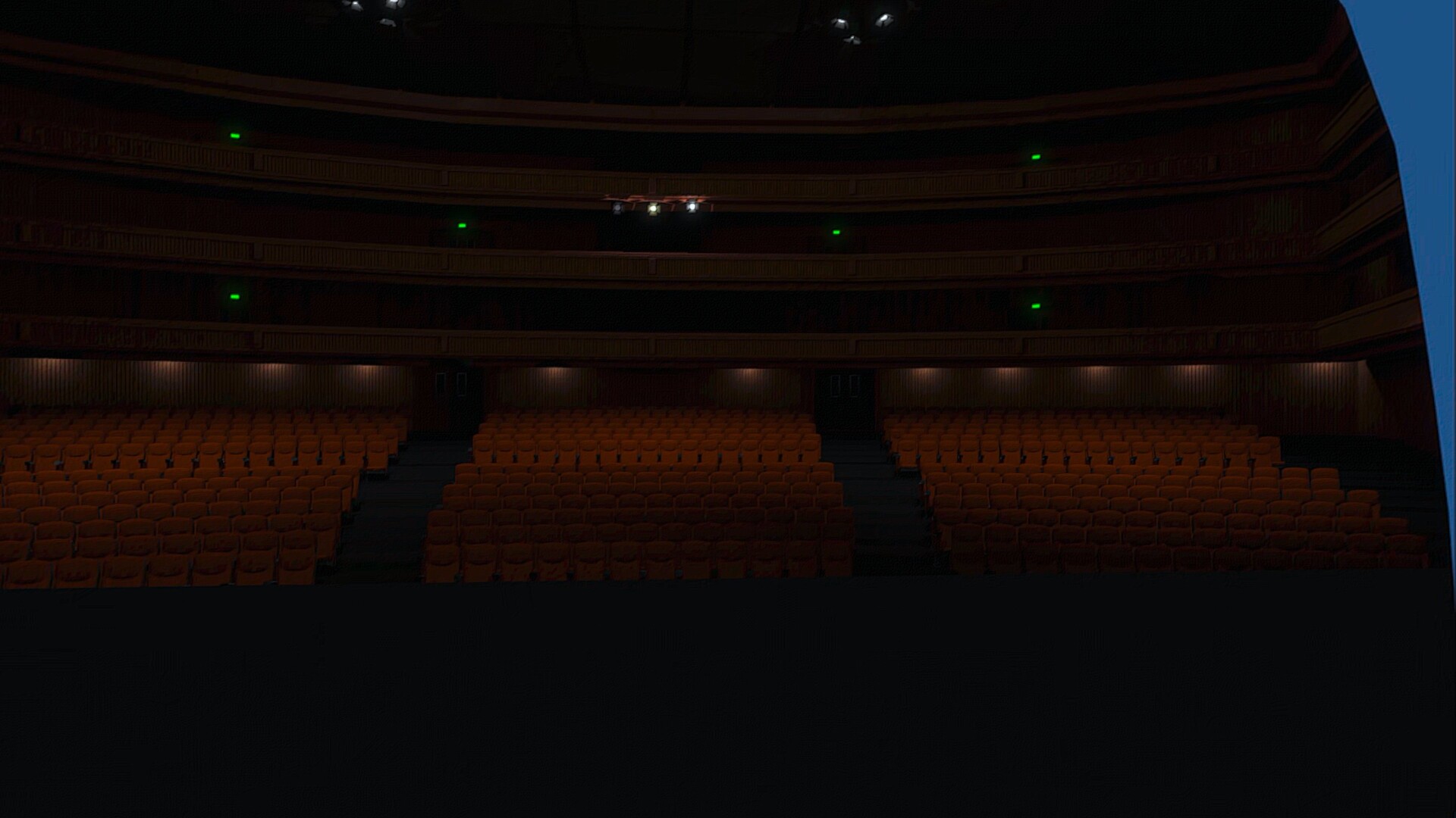 一個充滿未來感的虛擬劇場空間，巨大的環形結構懸浮在空中。