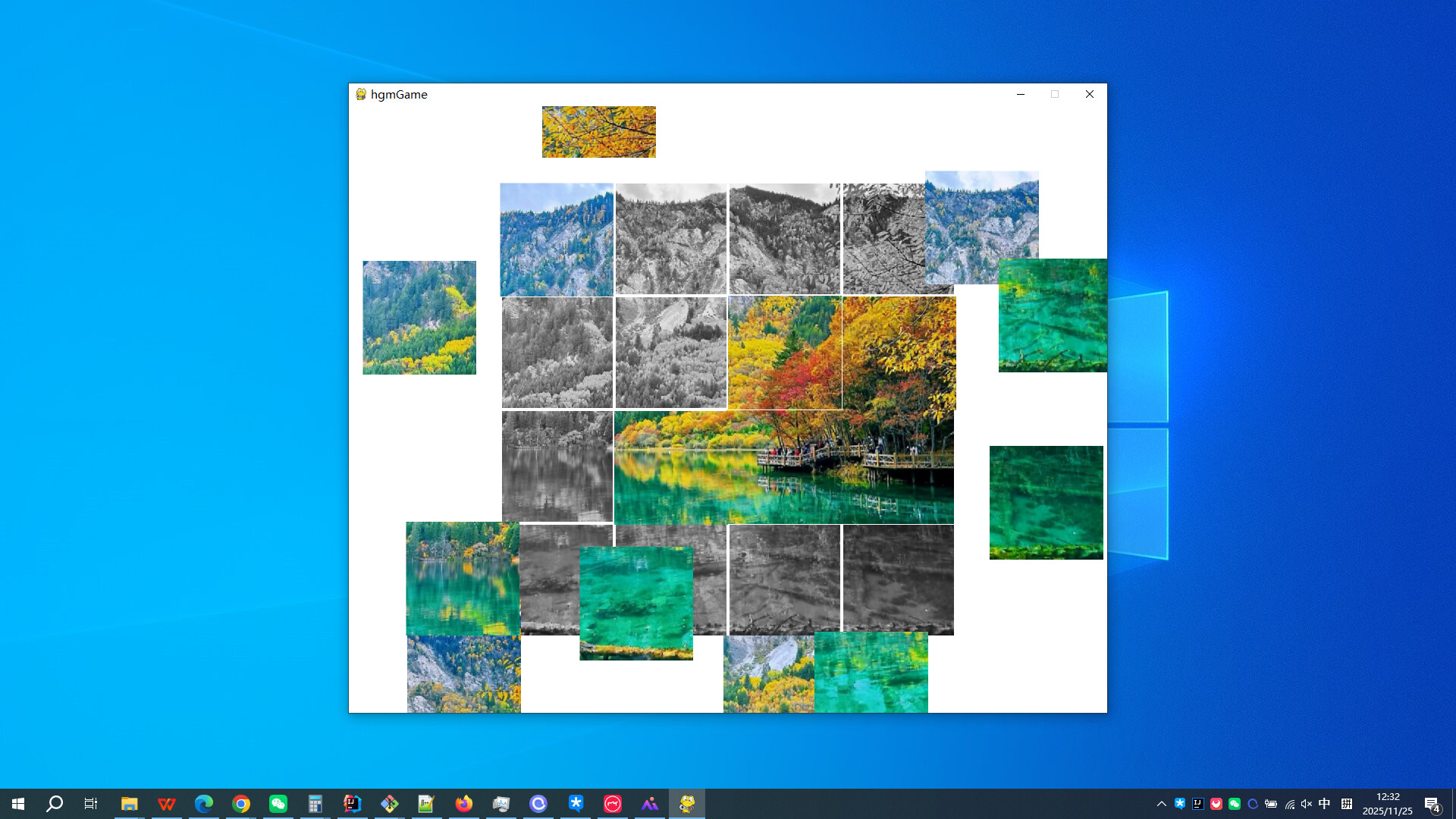 透過茂密的樹葉縫隙窺見遠處的山巒與湖泊,構圖極具意境