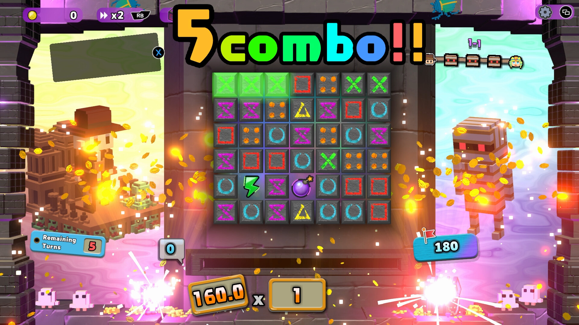 遊戲戰鬥畫面,展示了方塊消除與敵人的對峙