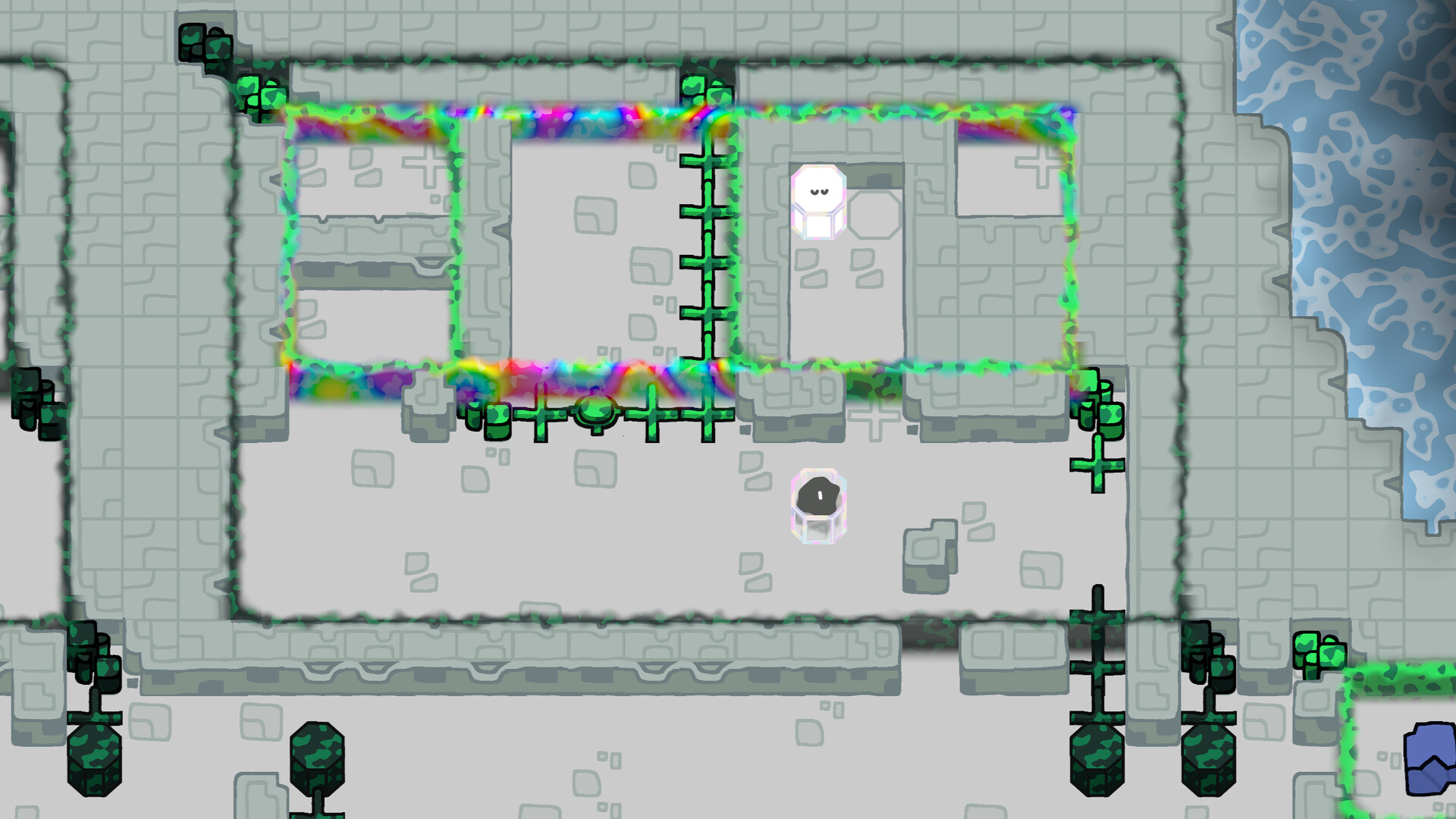 一個類似廢墟的場景,有破碎的牆壁和多個謎題區域。