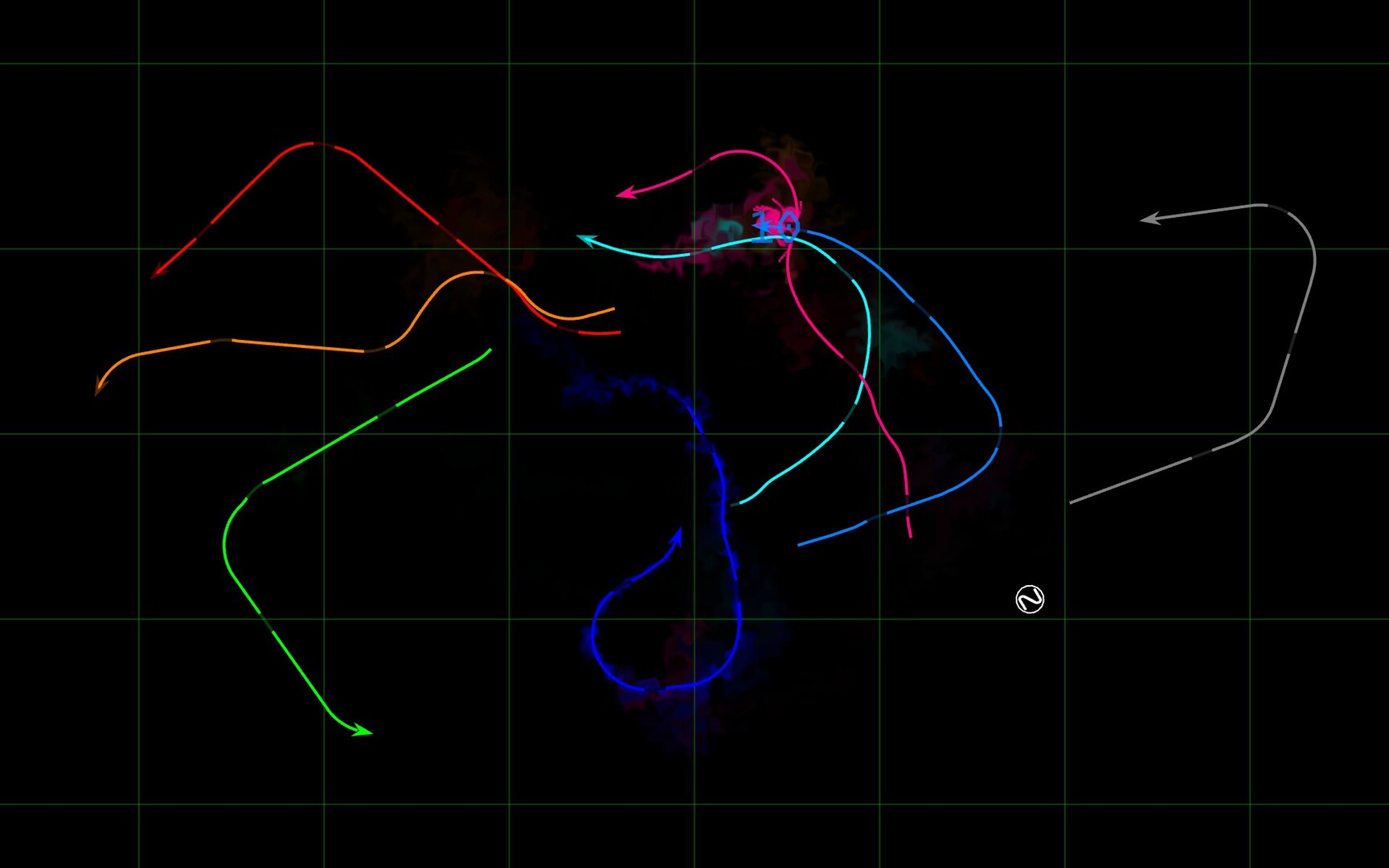 遊戲實機畫面,展示了多名玩家在競技場中留下的光軌,場面混亂而華麗