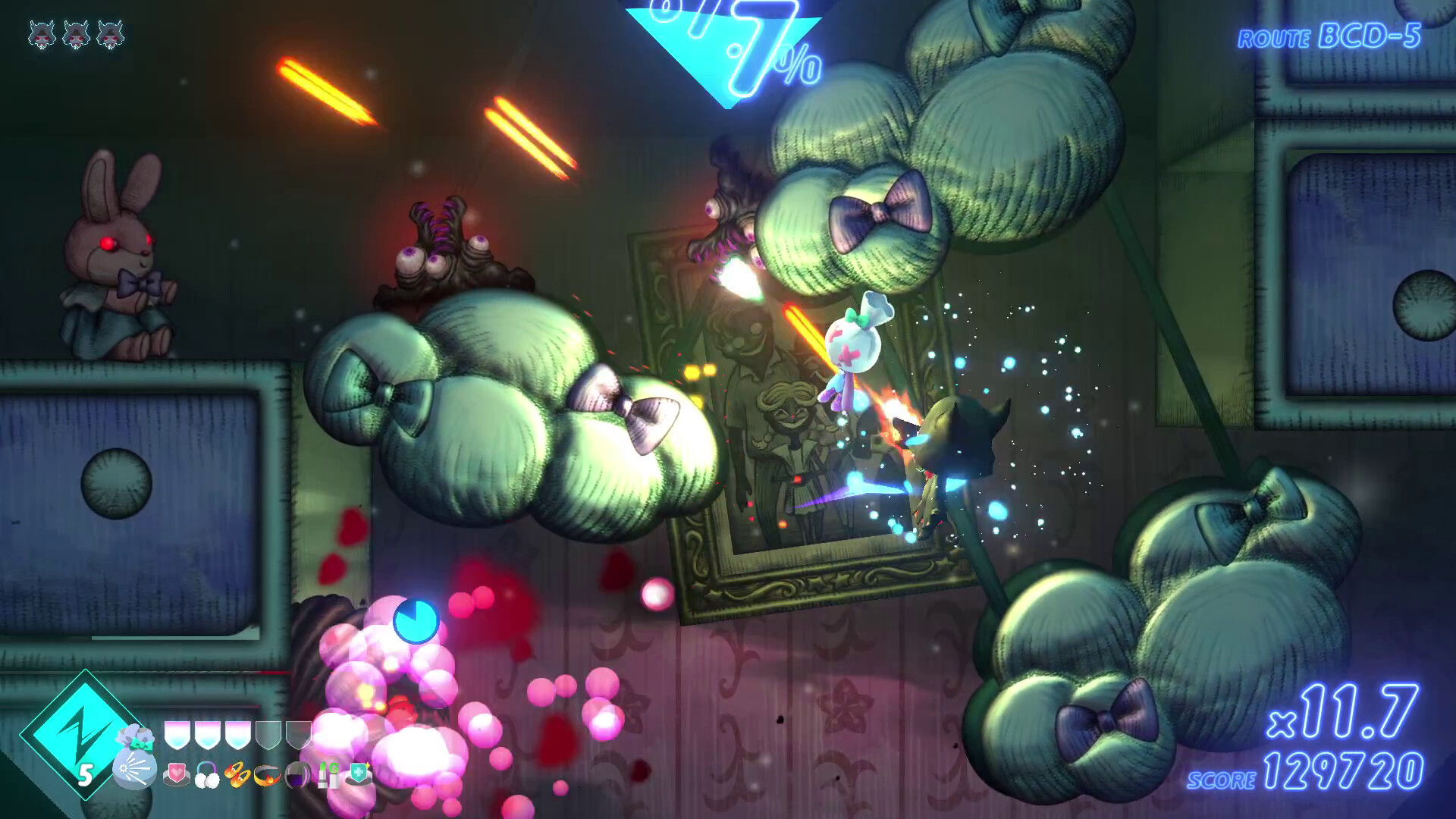 遊戲實機畫面，展示了充滿迷幻色彩的戰鬥場景