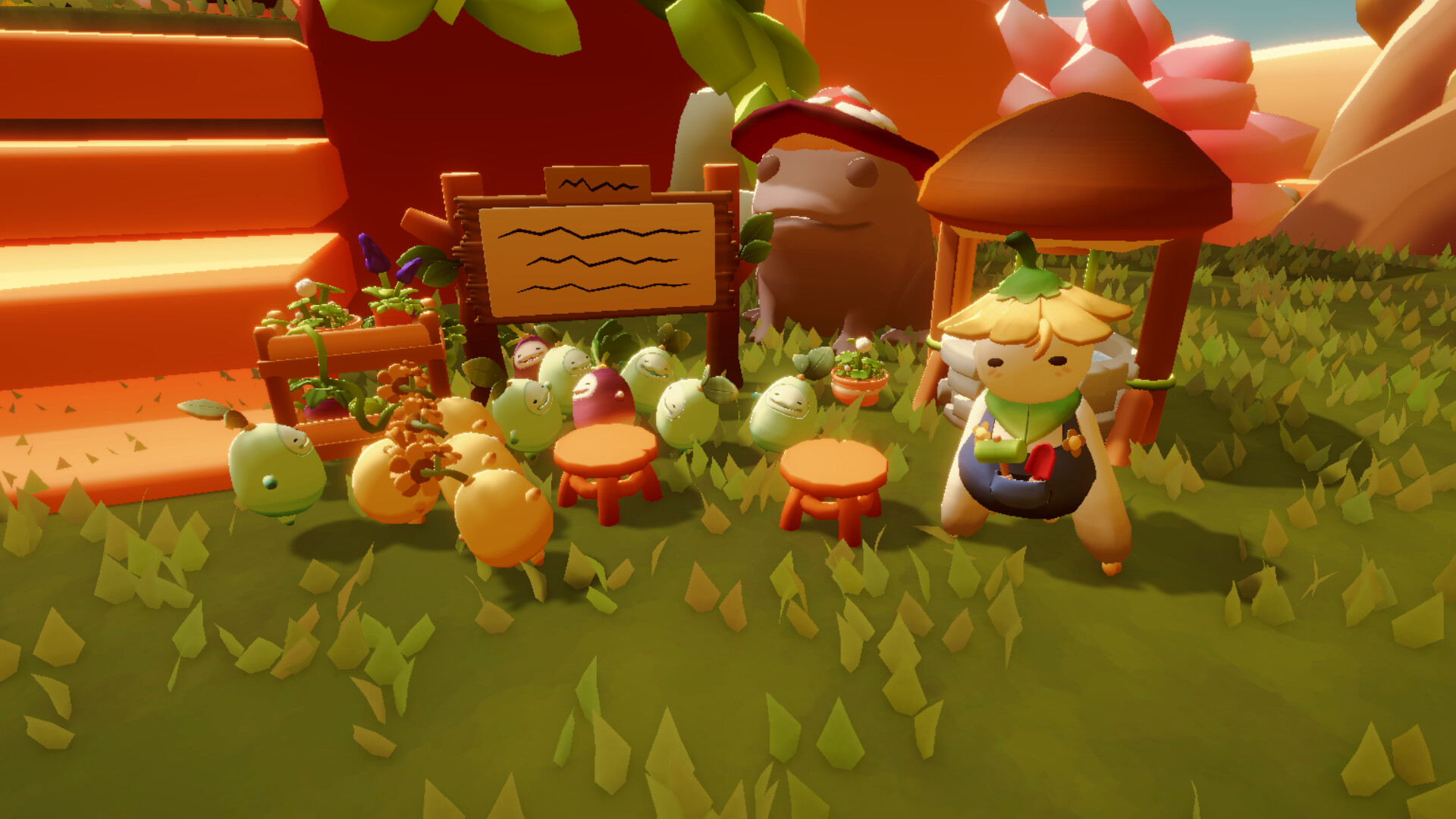 Ooble Gardens 遊戲畫面展示巨大的花園盆栽與可愛的精靈