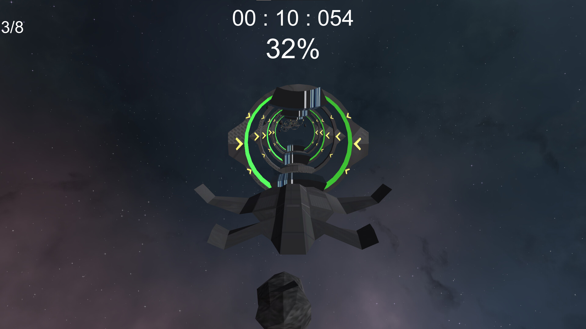 遊戲實機畫面，顯示飛船正在接近一個發光的檢查點圓環。