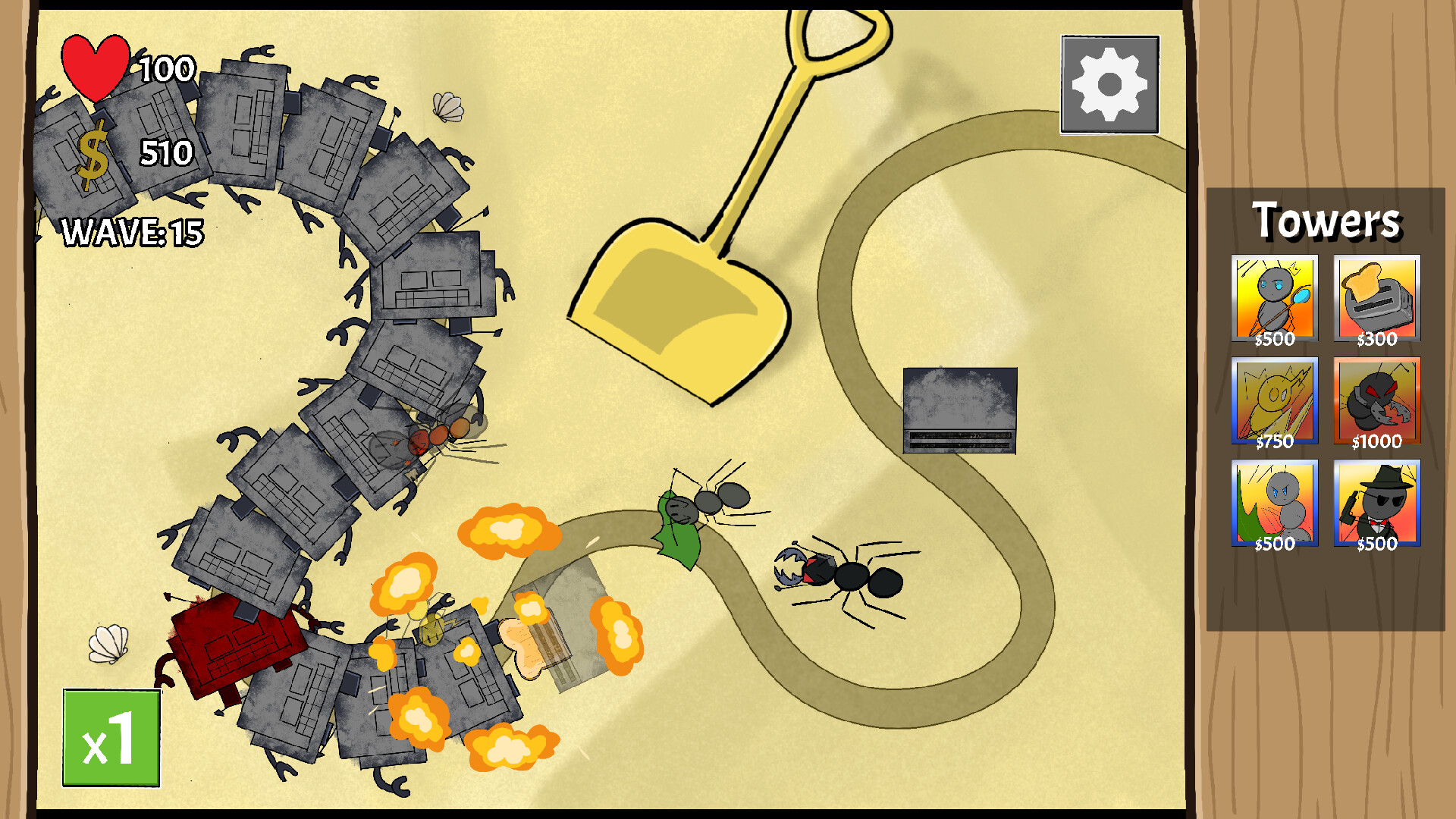 充滿童趣的遊戲畫面，可以看到不同種類的昆蟲敵人進攻