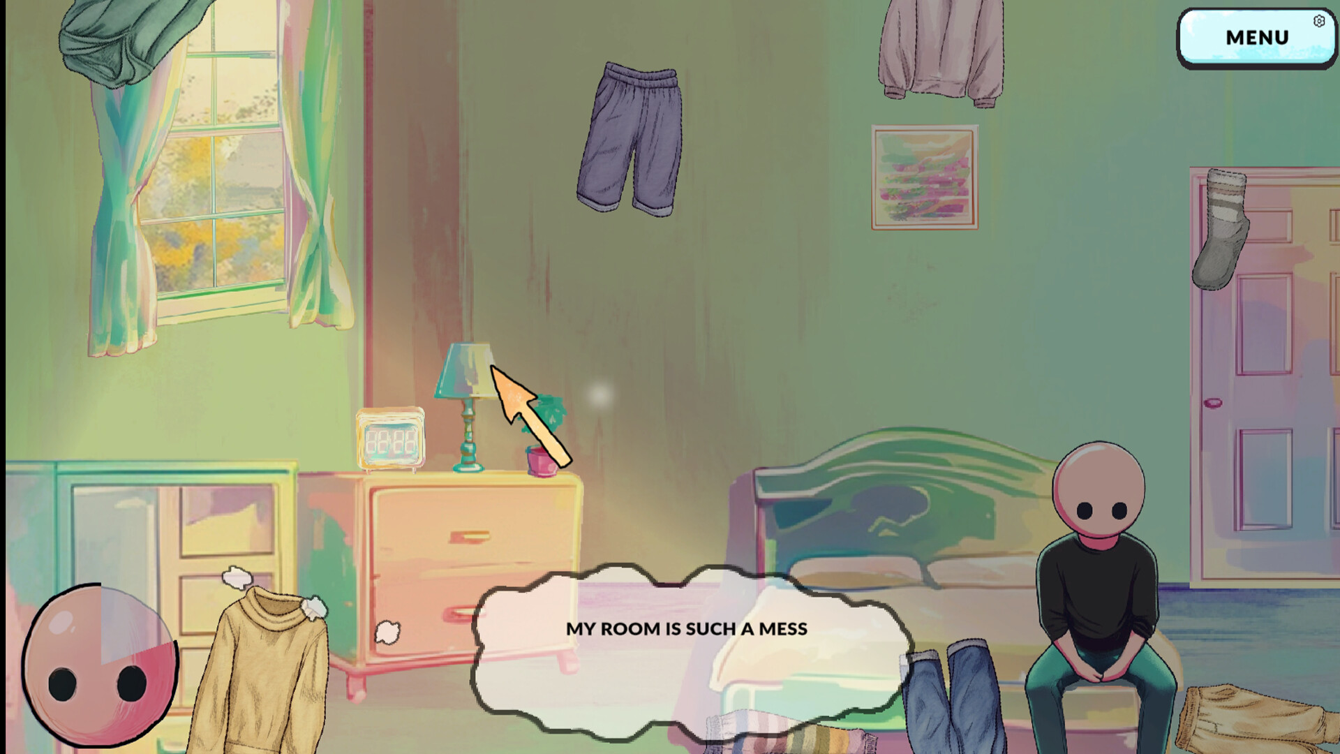 主角坐在窗邊，望著窗外的城市夜景，音樂在此刻營造出寧靜而又孤獨的氛圍。