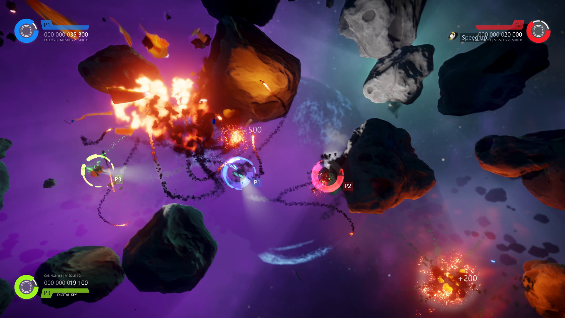 穿越充滿危險粒子與小行星的太空區域，考驗玩家的駕駛技術。