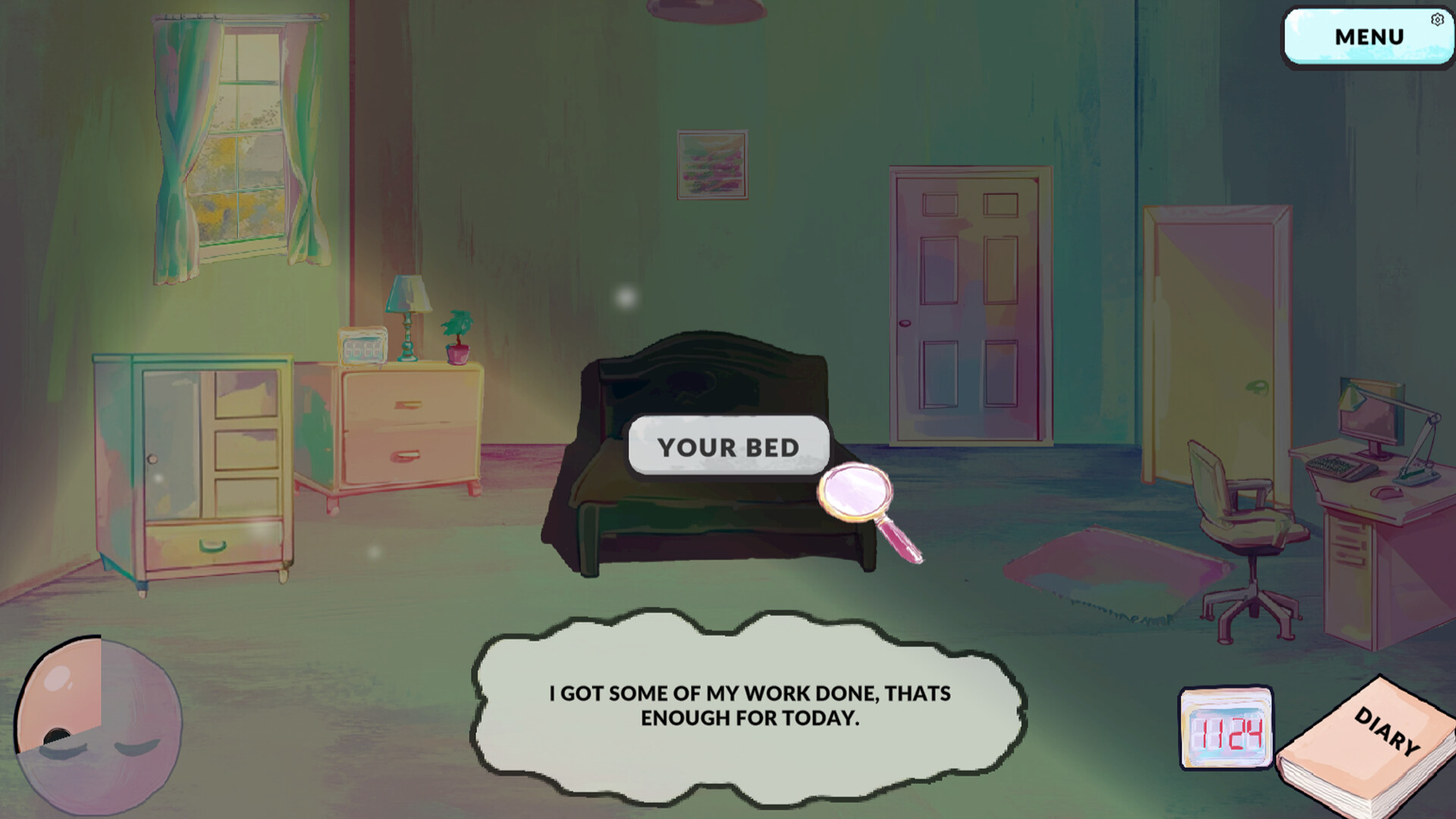 遊戲中的一個特寫鏡頭，色彩豐富的藥丸散落在桌上，暗示了主角需要藥物來管理她的健康狀況。