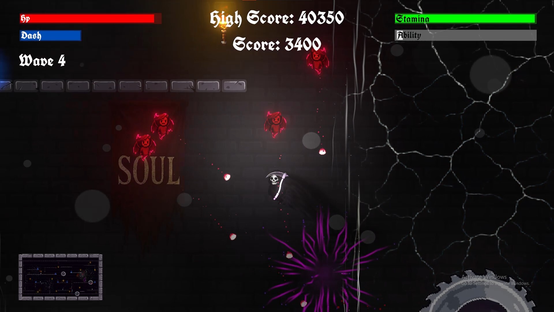 遊戲場景展示，陰暗的背景與明亮的戰鬥特效形成對比