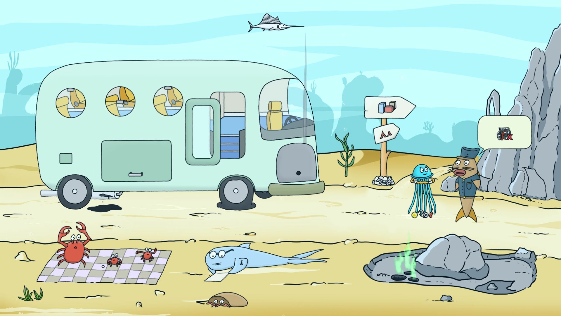 水母主角與其他海底生物互動。