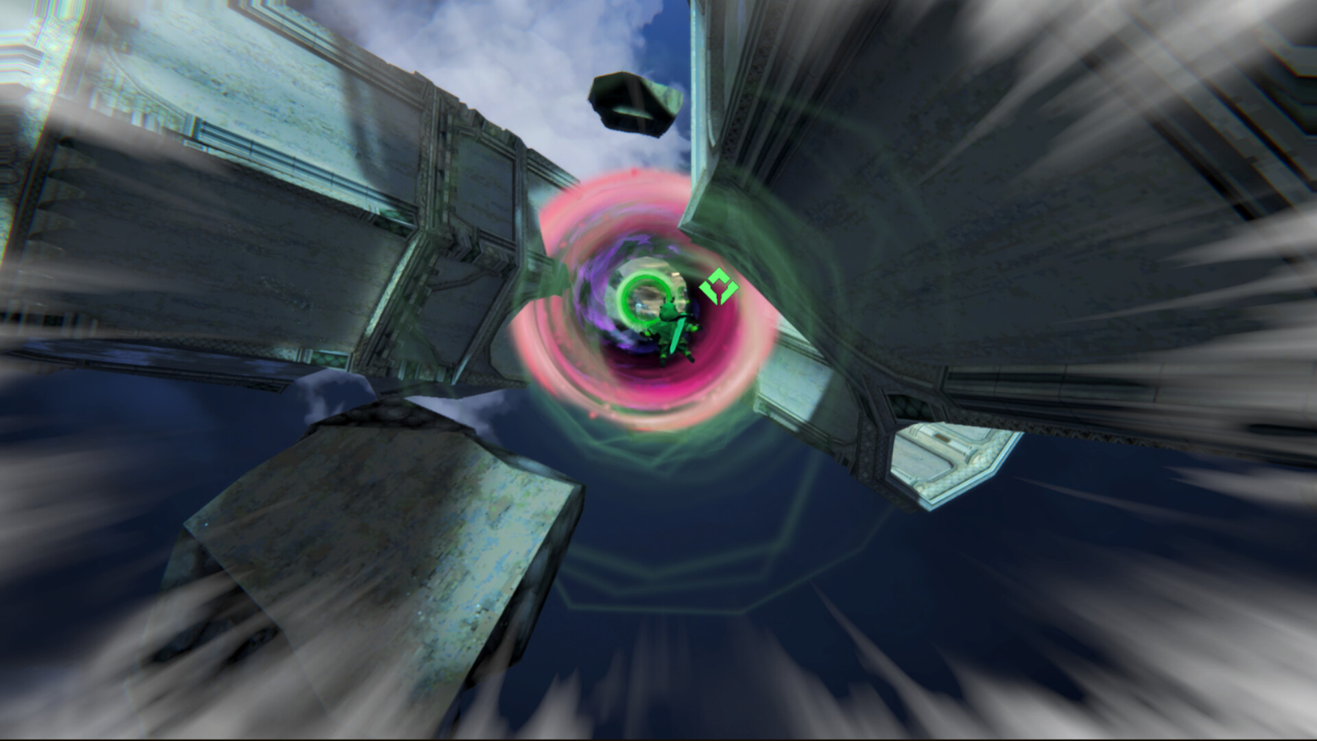 展示了第二個世界的環境，充滿了紅色的危險信號與幾何障礙物