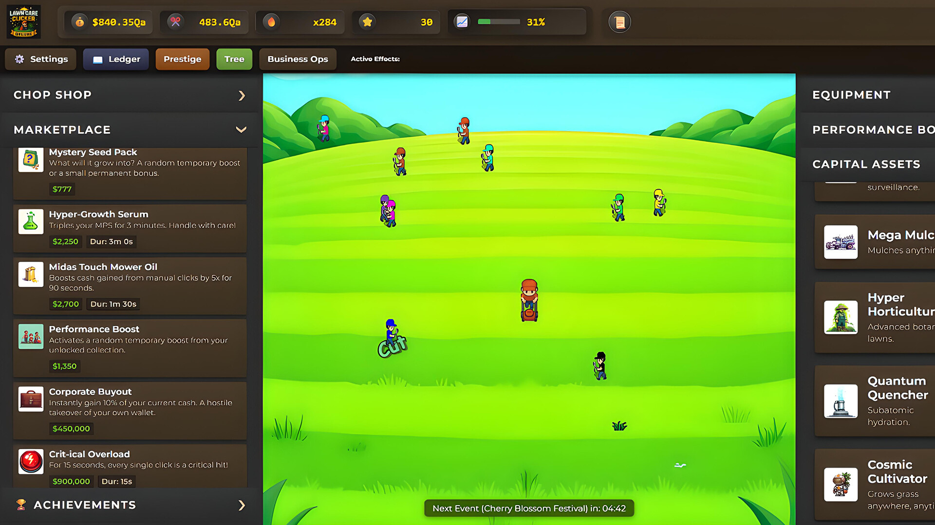 遊戲展現了不同的環境變化，像素風格細膩地呈現了草地與建築的細節。