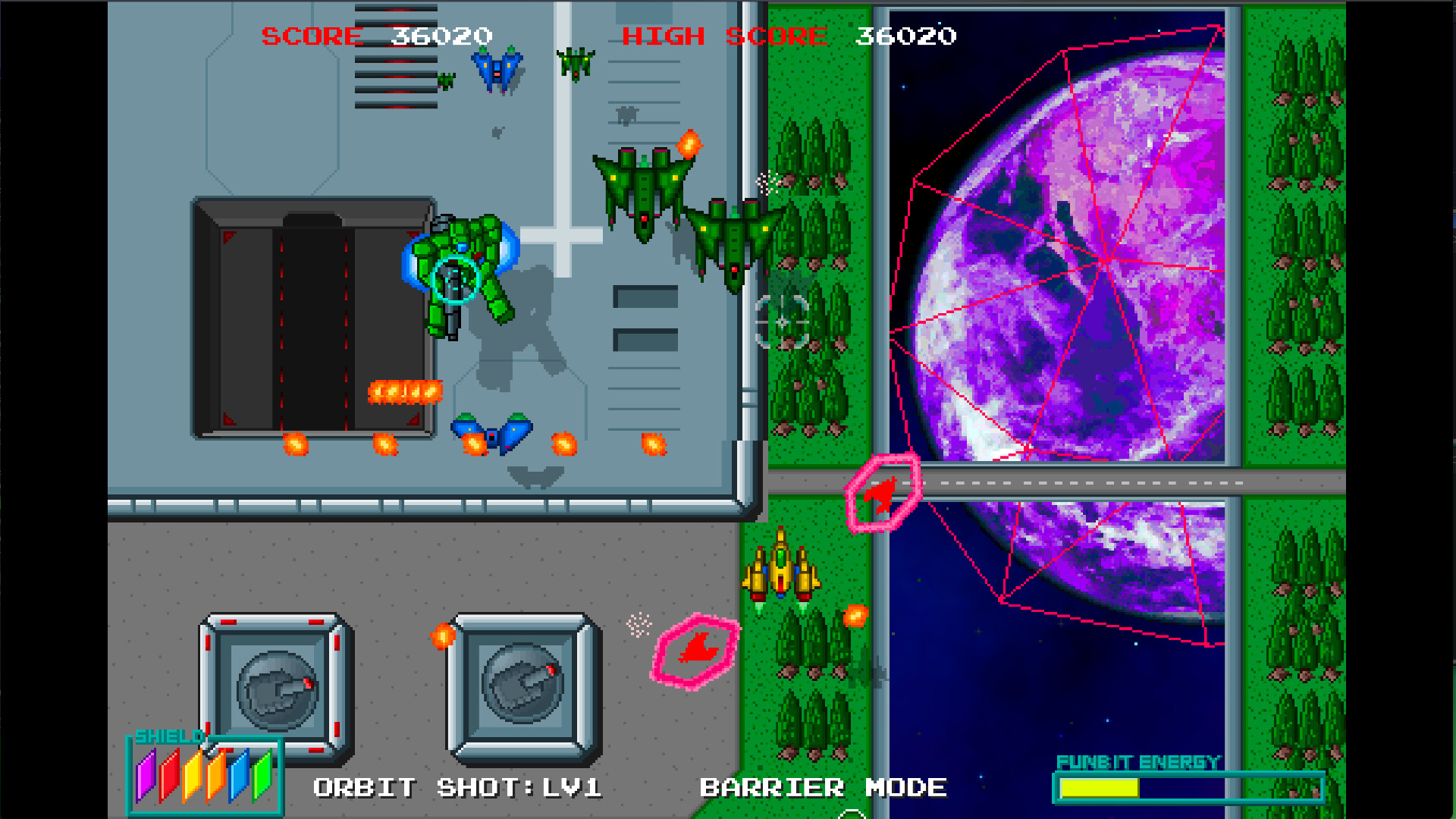 玩家戰機在太空中與敵方艦隊交戰，展現了遊戲的戰鬥畫面。