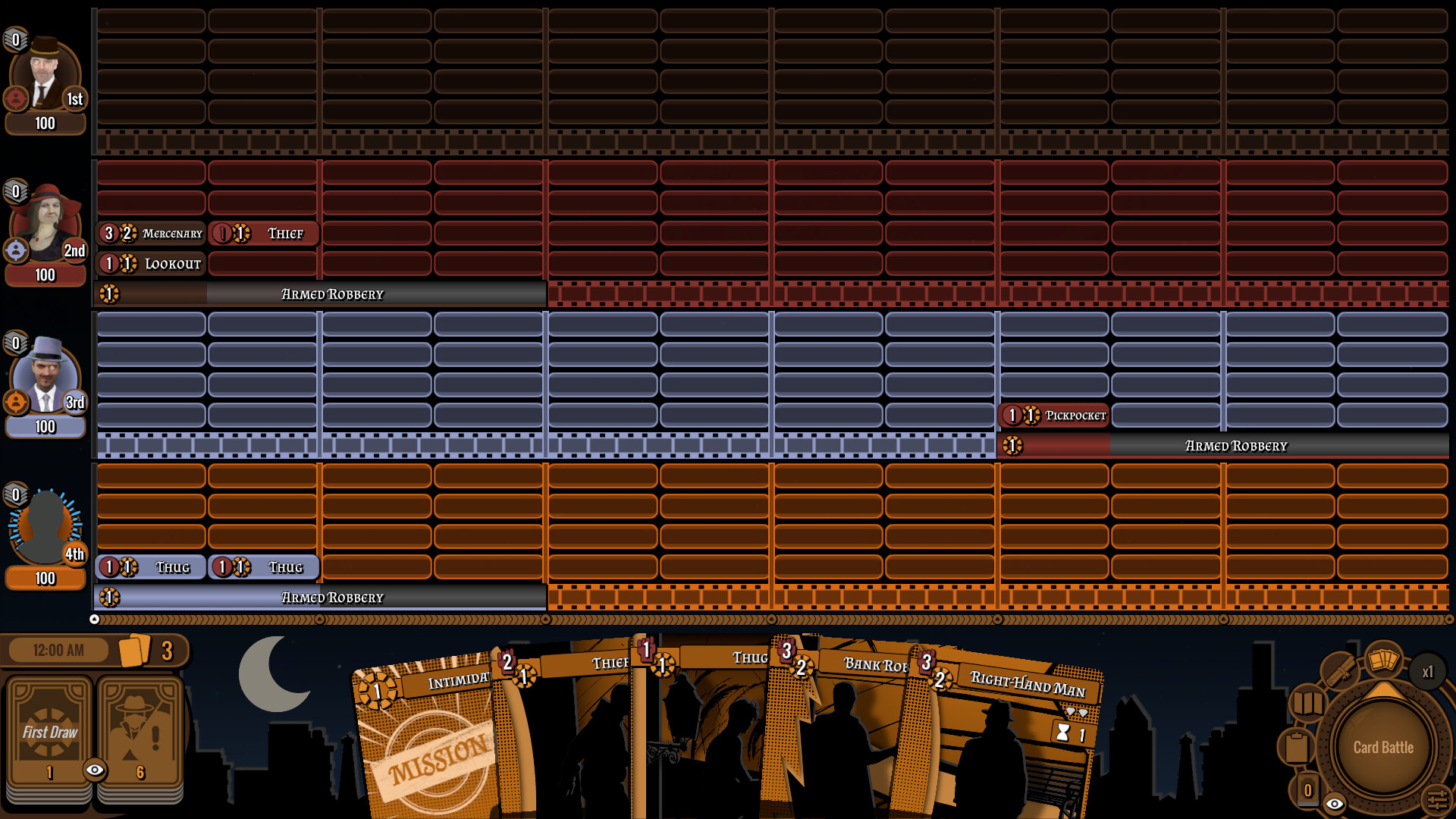 卡牌對戰介面，展示了手牌、戰場佈局以及角色狀態。