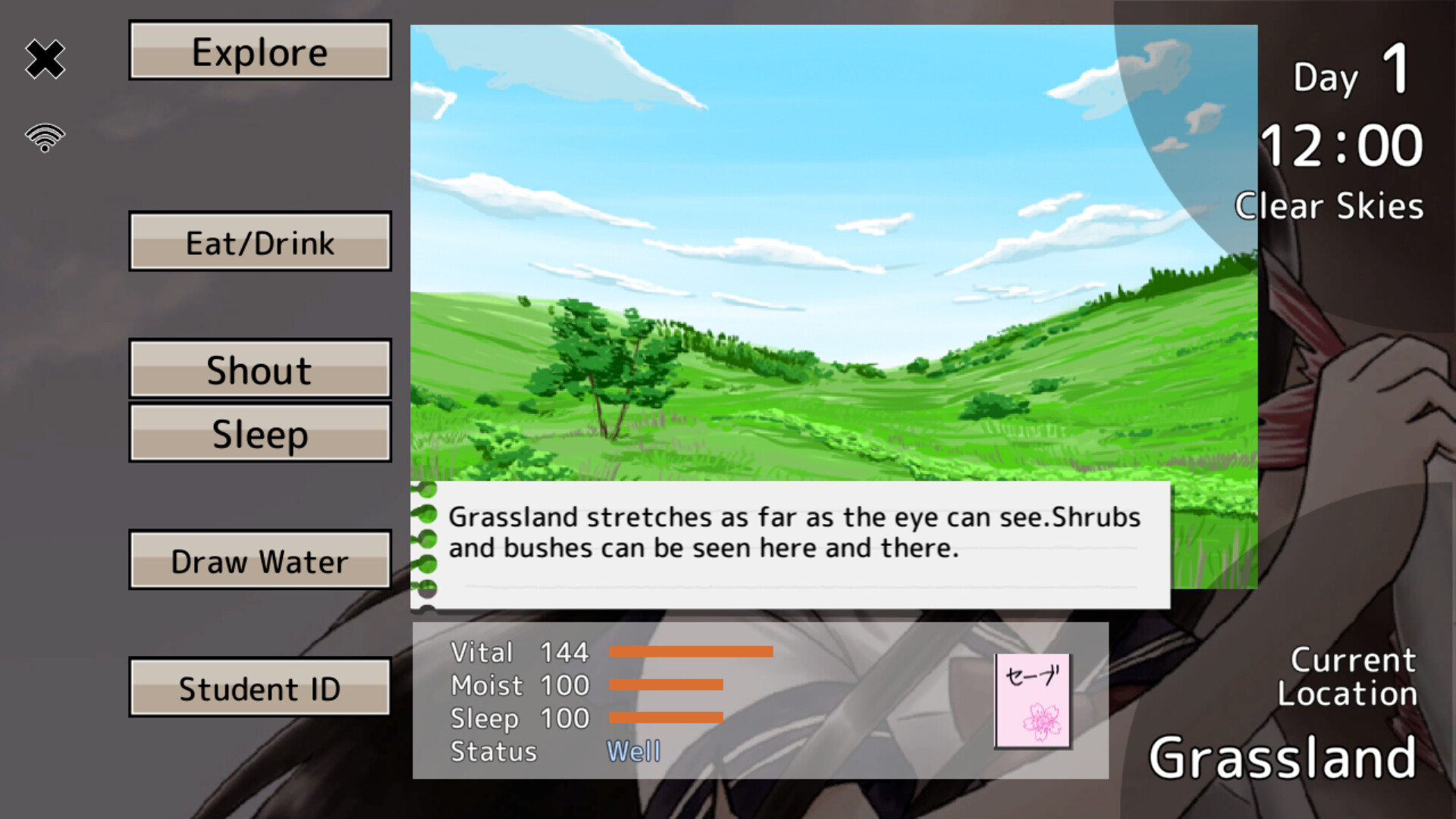 遊戲介面展示了各種生存參數與指令選項