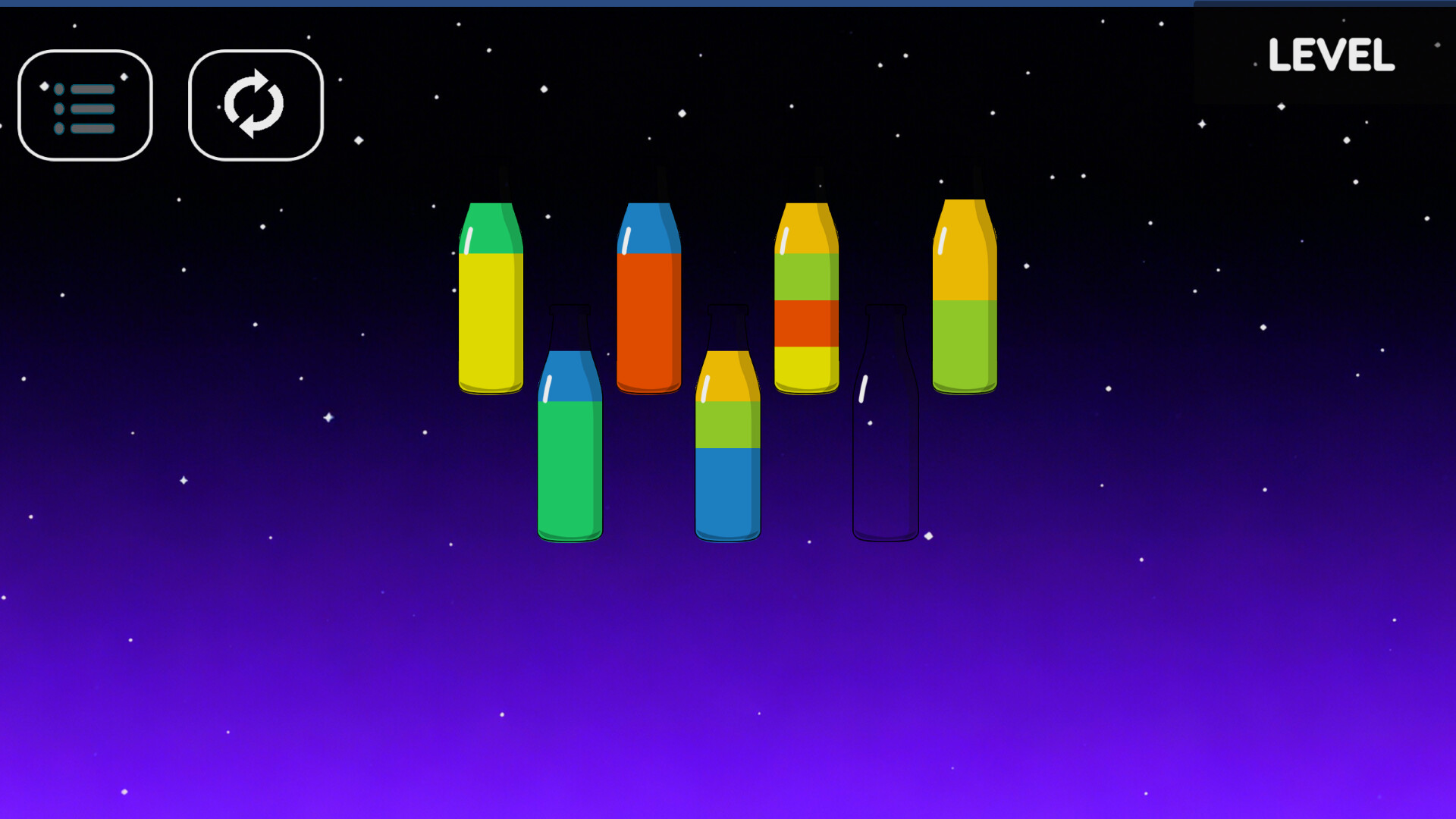 隨著關卡推進，瓶子的數量與顏色複雜度逐漸增加