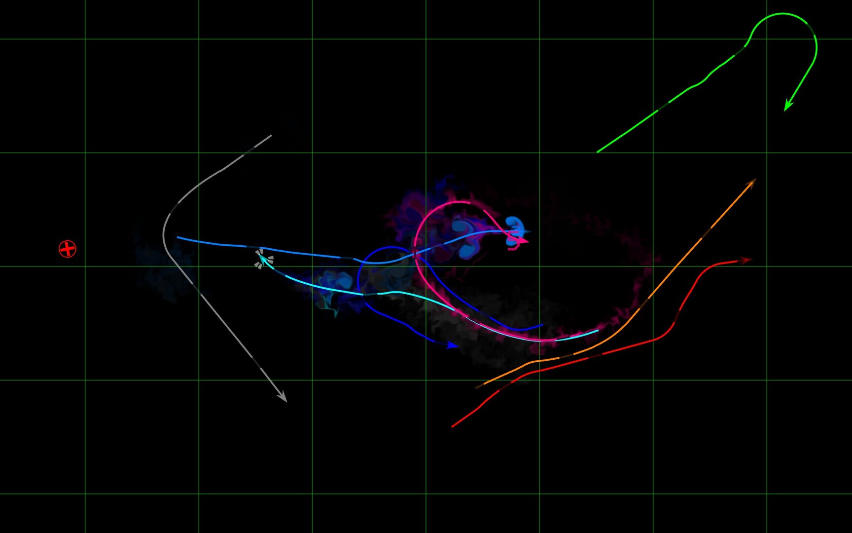 展示遊戲中不同顏色的光軌相互交錯,形成複雜的幾何圖案