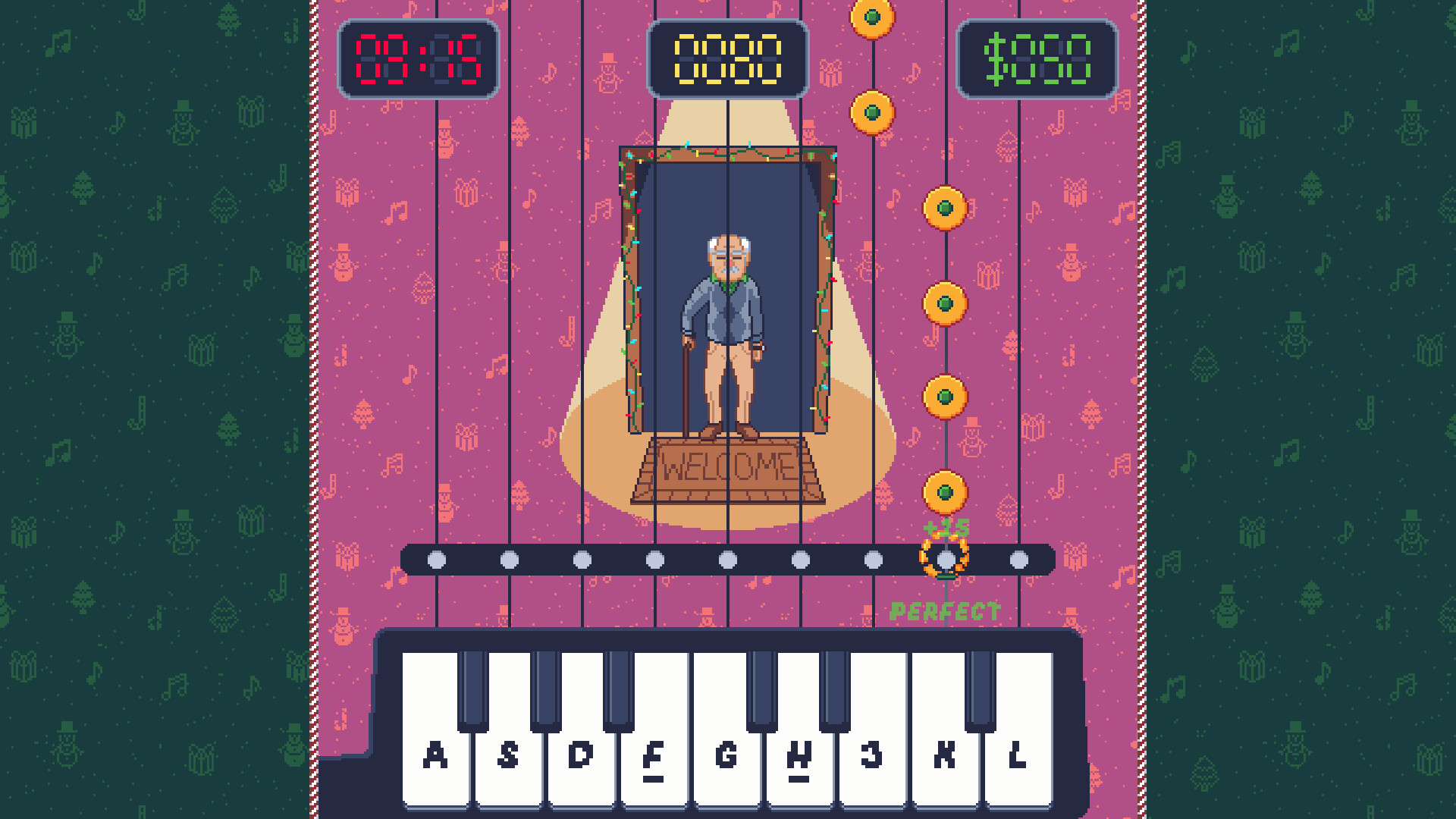 玩家在鄰居家門口進行音樂節奏遊戲