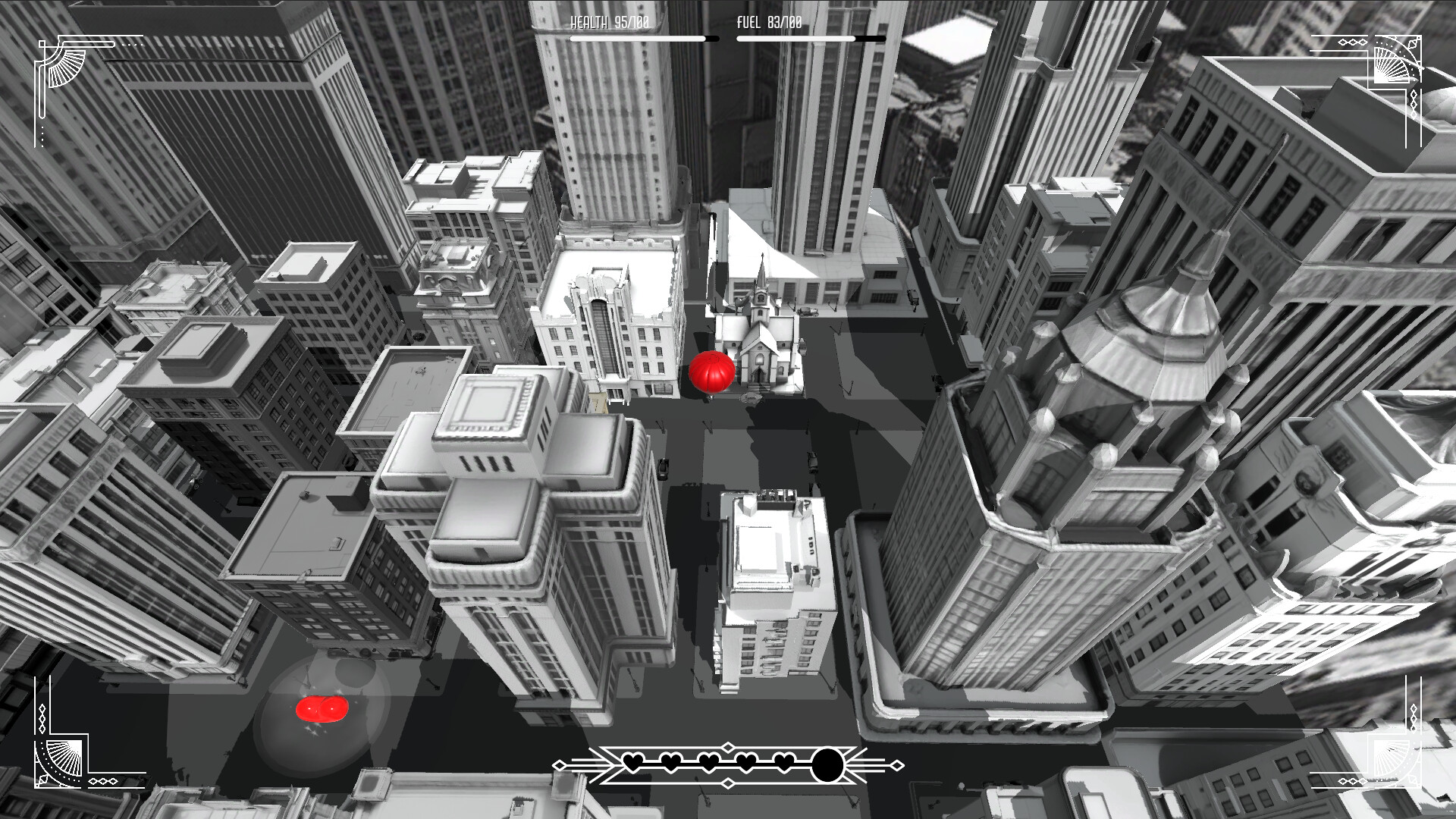 遊戲截圖,近距離展示氣球與城市建築的細節互動