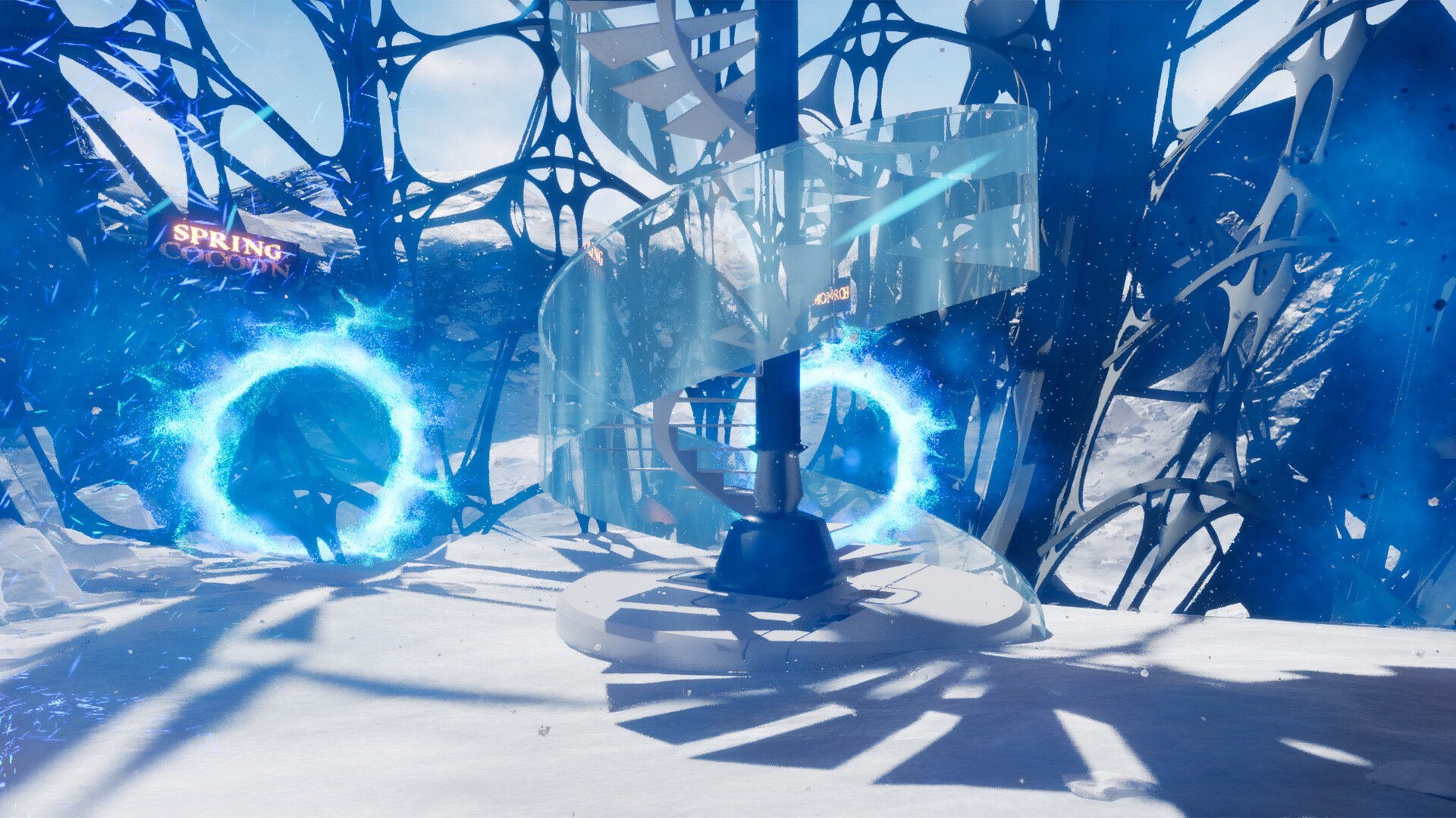 秋季世界中充滿神祕感的紅色森林與巨大雕像