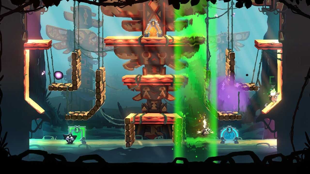 遊戲角色在充滿迷幻色彩的森林場景中跳躍,展現了精緻的手繪風格