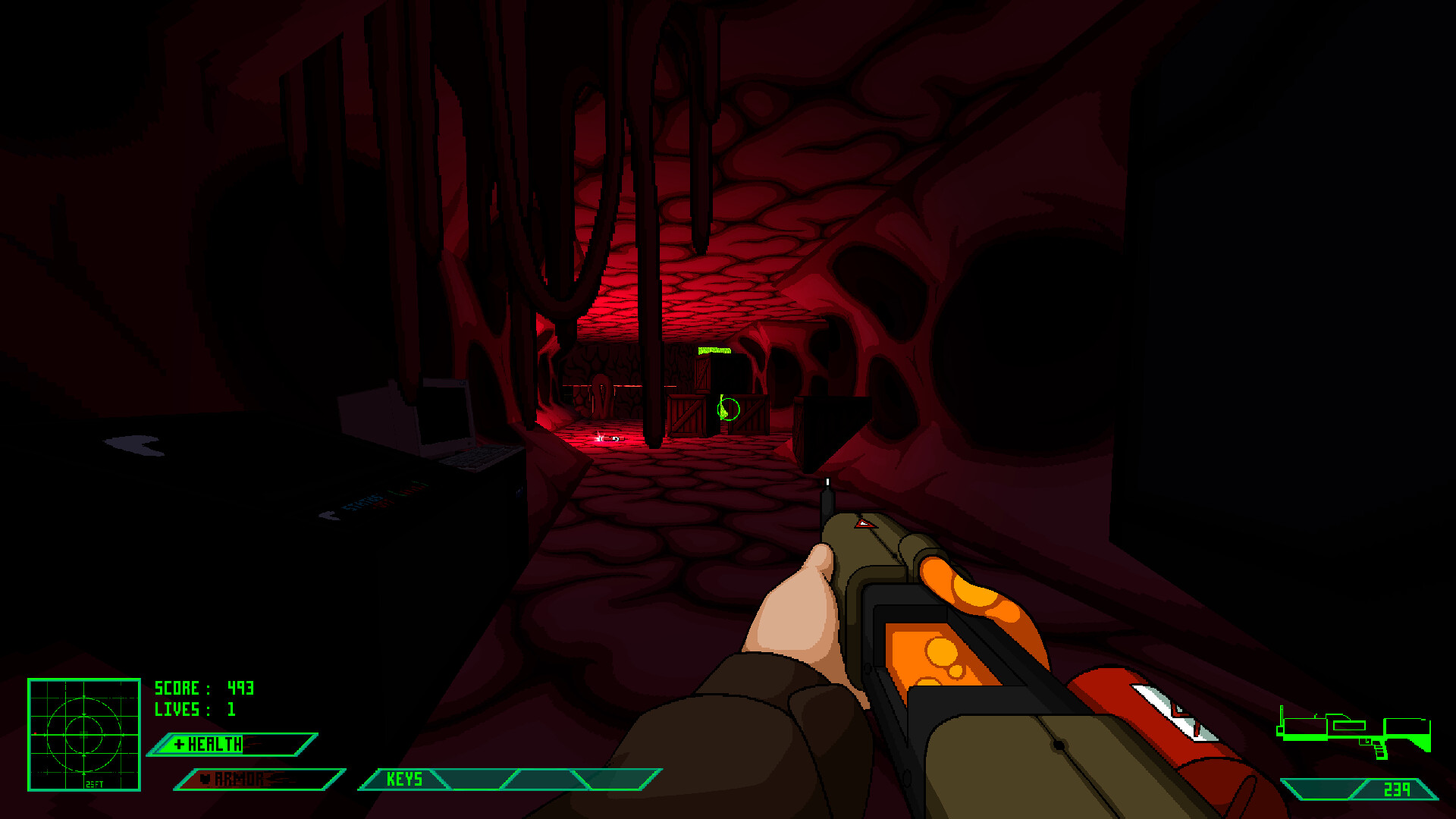 手持霰彈槍在狹窄通道中前進,光影效果增強了壓抑感