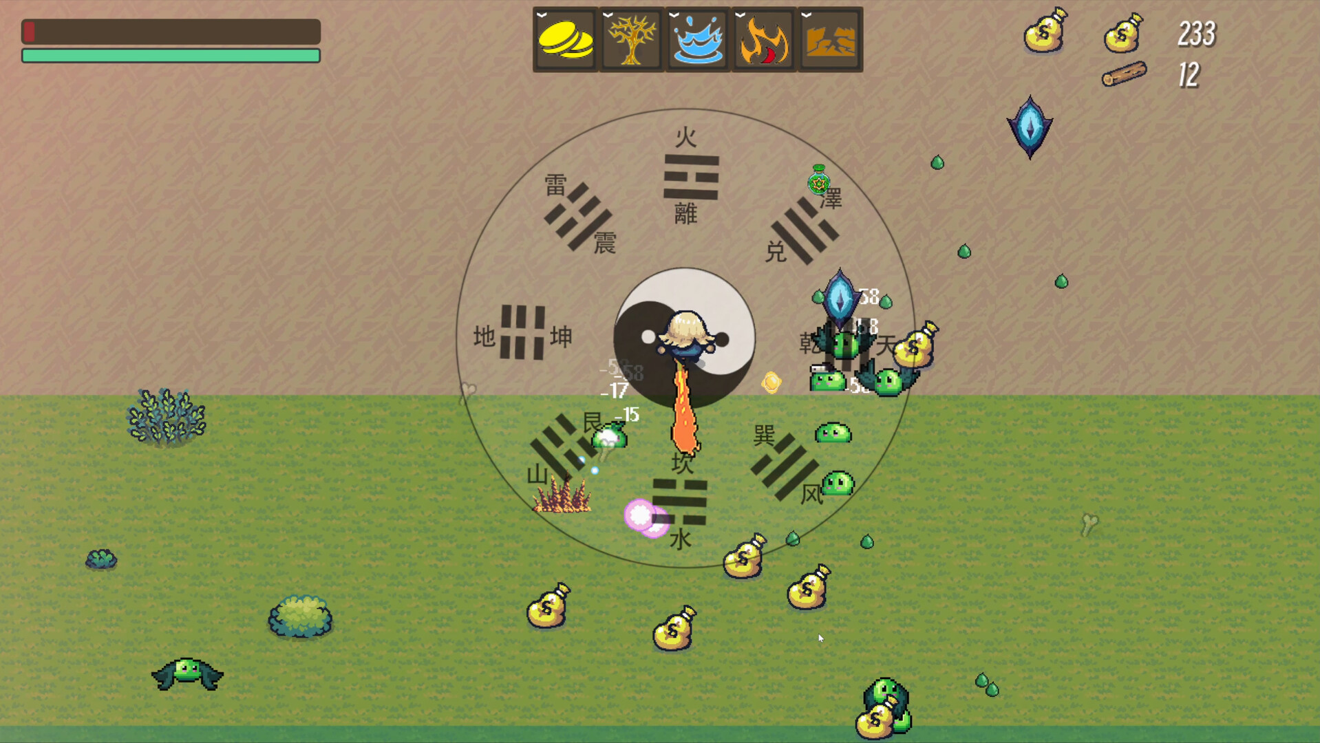 遊戲實機畫面，展示了初期砍樹與遭遇怪物的場景