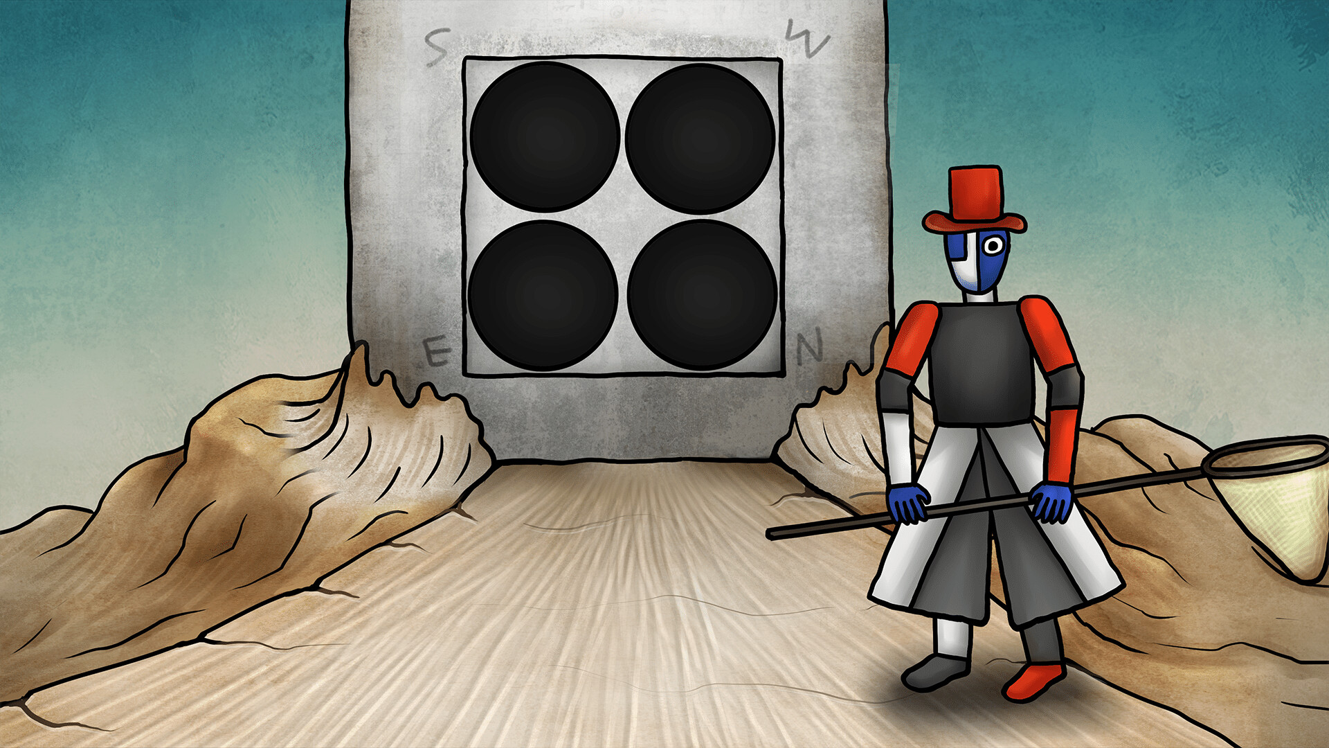 致敬馬格利特超現實主義的場景，畫面中有戴著禮帽的男人與巨大的青蘋果。