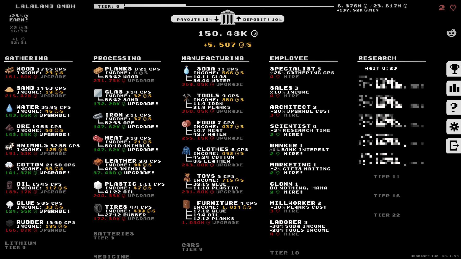 遊戲的介面展示了各種生產線和升級選項。