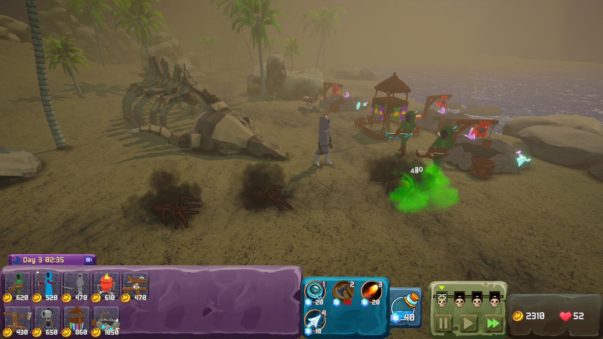 遊戲實機畫面，展示了豐富的塔樓建設與自然環境的對抗