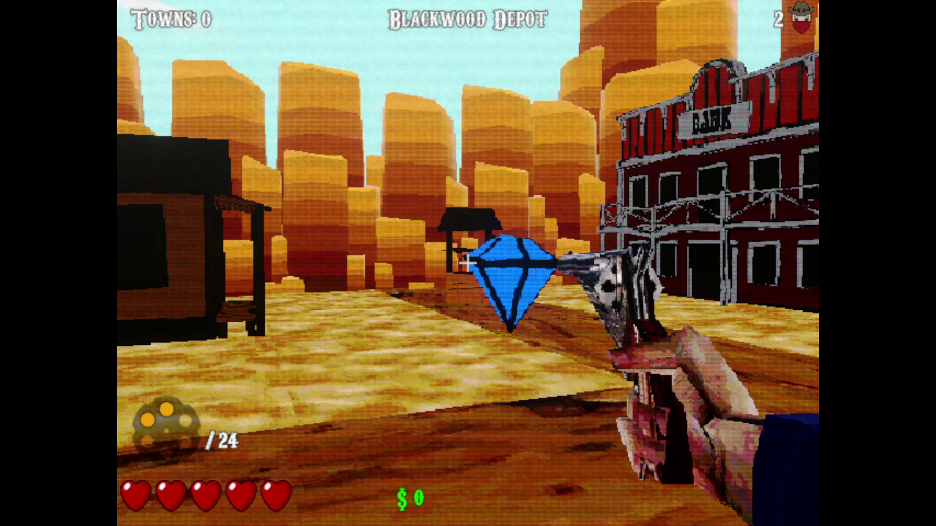 遊戲中的西部城鎮場景，展現了經典的低多邊形建模風格