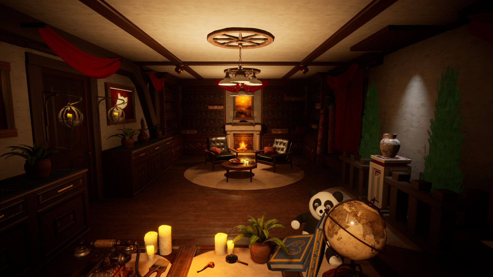 第一人稱視角下的戰鬥畫面,手持發光的神祕武器對抗黑暗中的敵人。