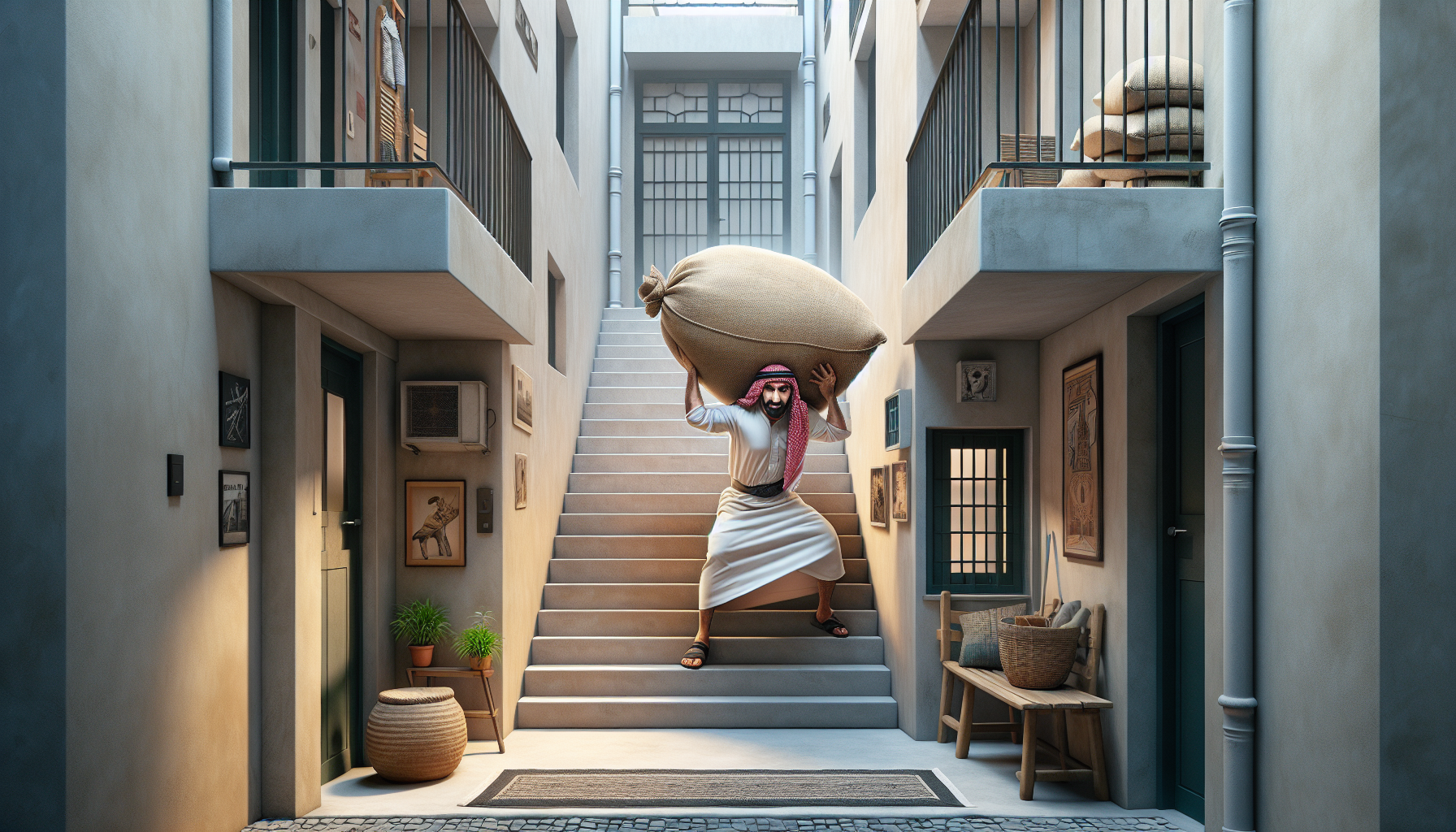 辛苦扛米上樓的日常幽默插畫