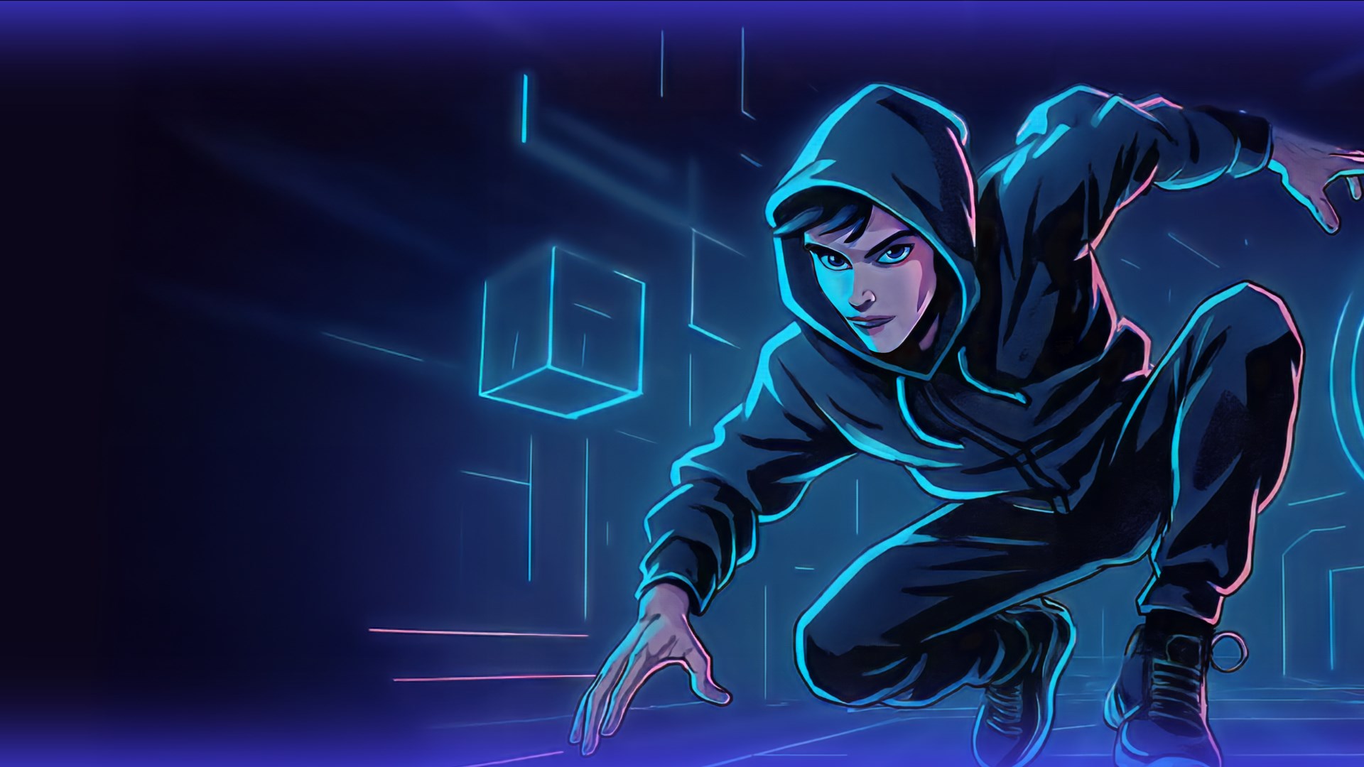 Neon Vault Rush 遊戲主視覺圖，展現賽博龐克風格的跑酷場景